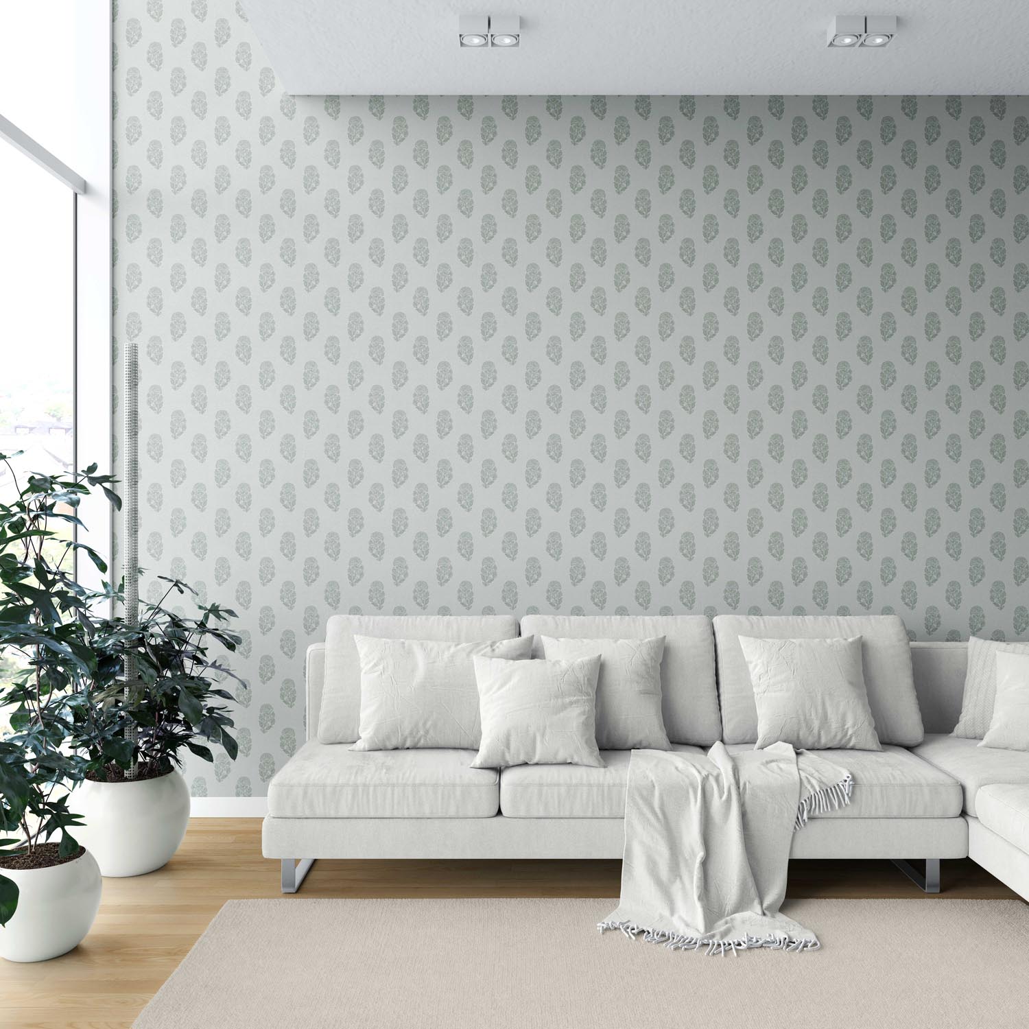Botanical/ Floral Block Print Shower Toilet Wallpaper (Sage Gray-Blue)
