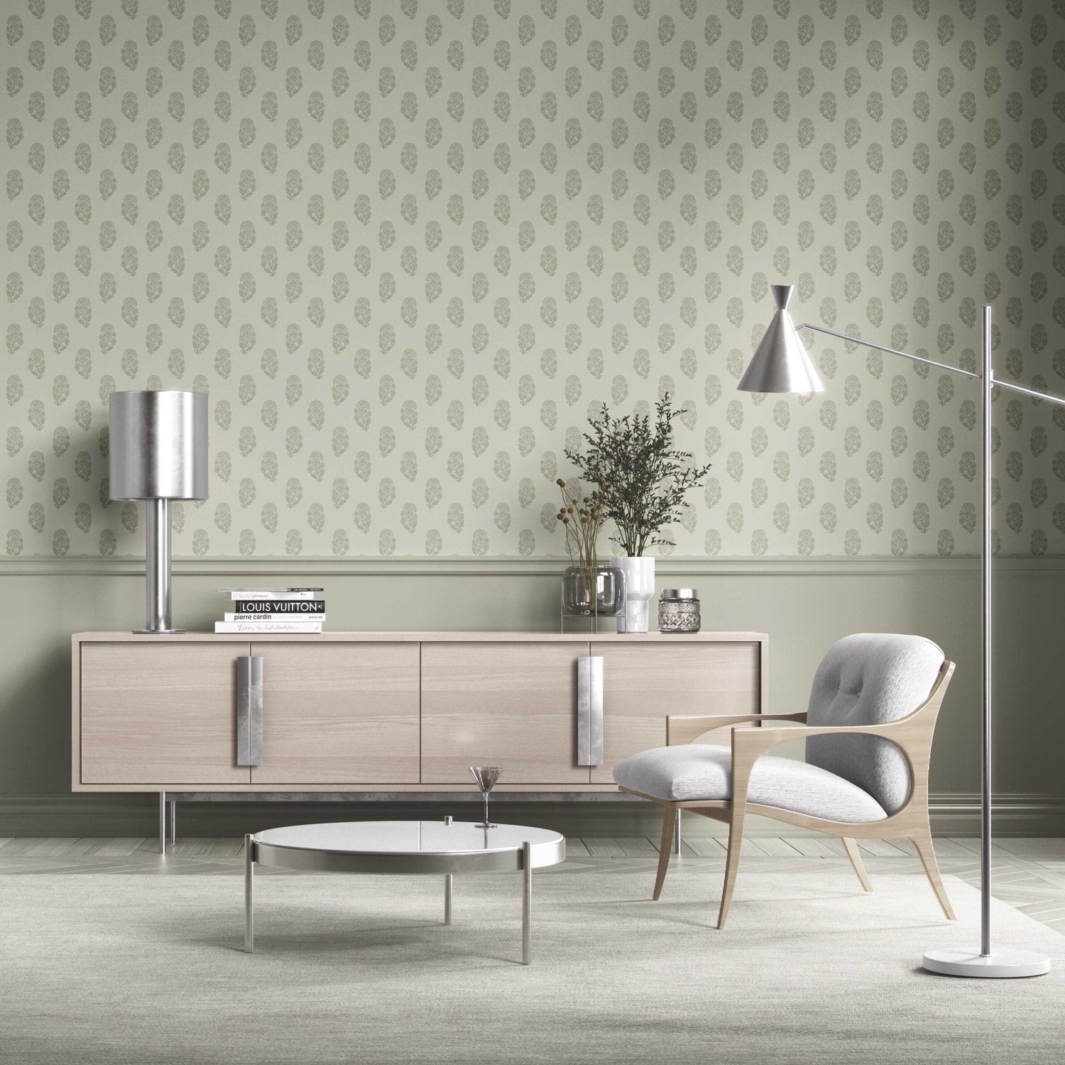 Neutral Botanical/ Floral Block Print Kitchen Wallpaper (Olive Gray)