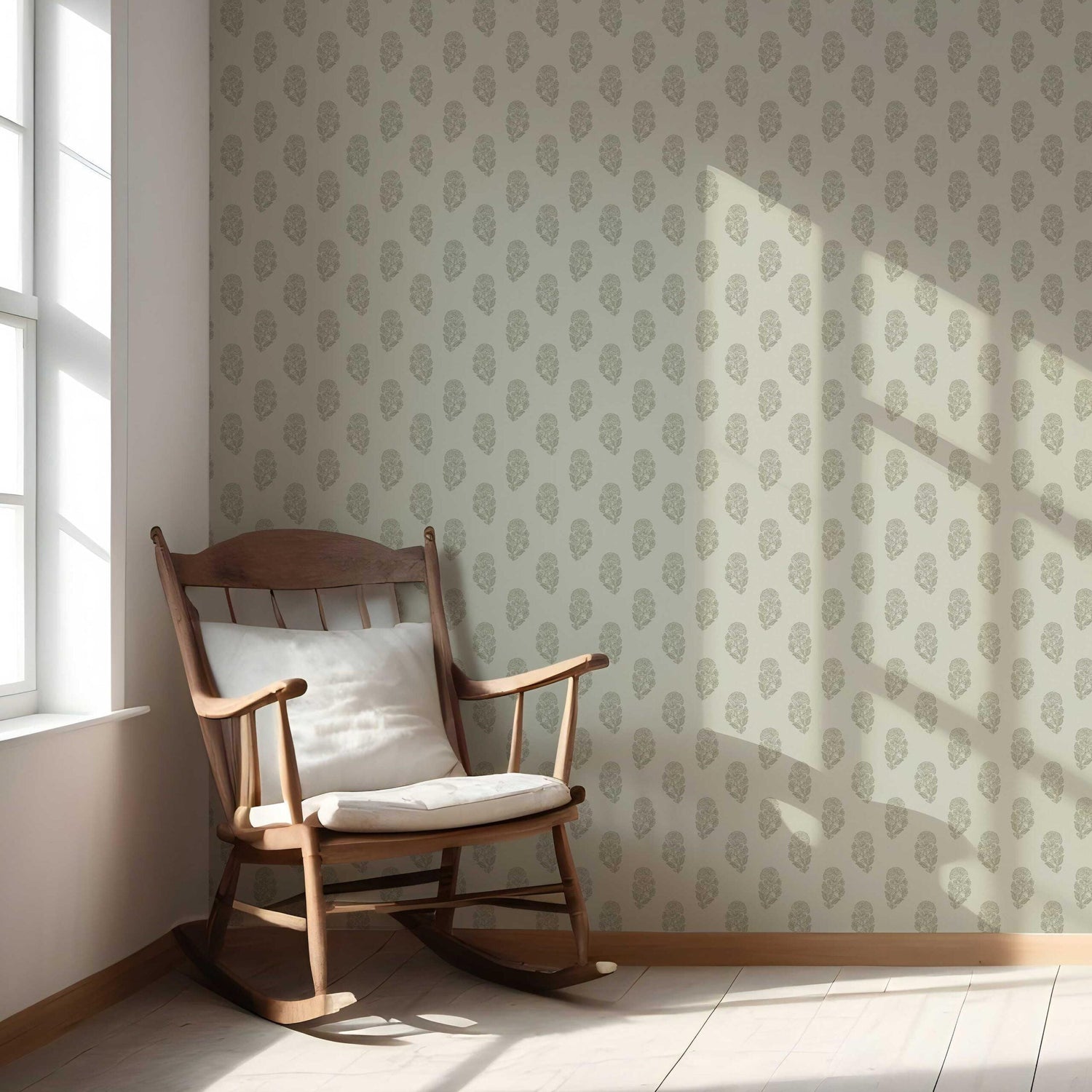 Neutral Botanical/ Floral Block Print Nursery Wallpaper (Olive Gray)