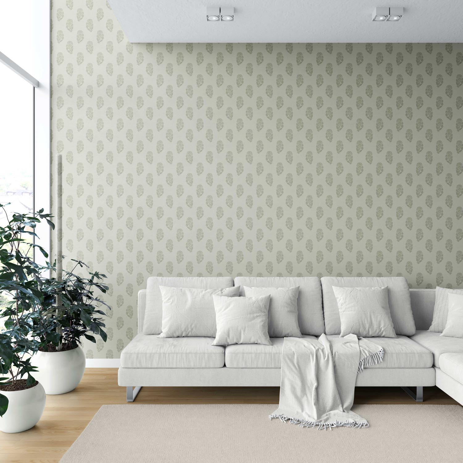 Neutral Botanical/ Floral Block Print Shower Toilet Wallpaper (Olive Gray)