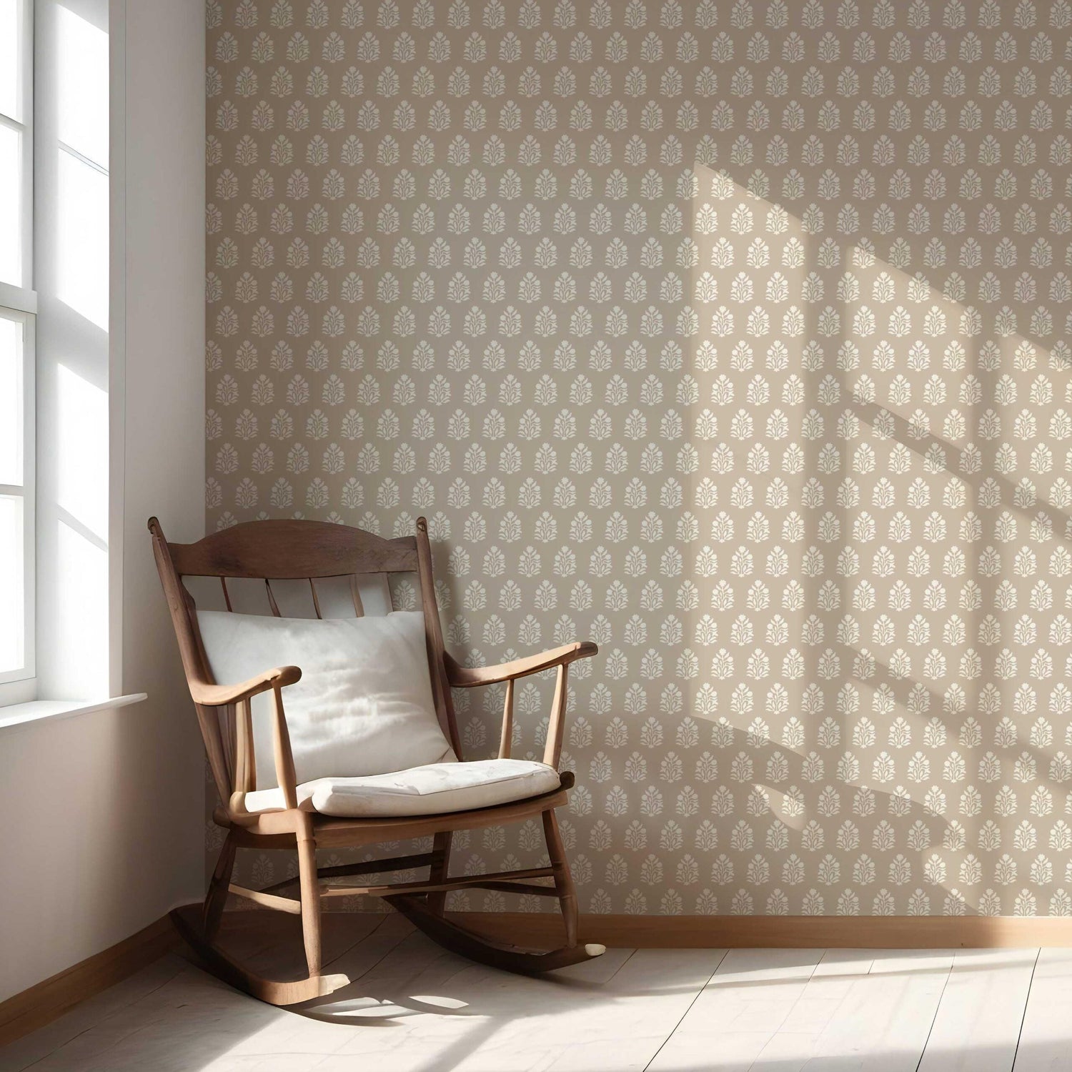 Neutral Botanical/ Floral Block Print Nursery Wallpaper (Beige/ Taupe/ Tan)