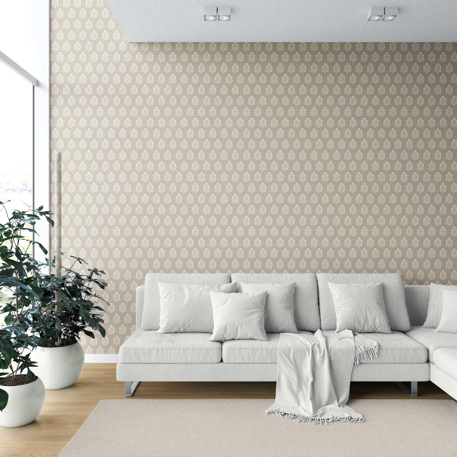 Neutral Botanical/ Floral Block Print Shower Toilet Wallpaper (Beige/ Taupe/ Tan)
