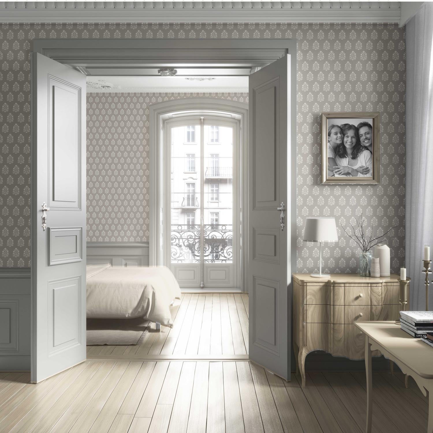 Neutral Botanical/ Floral Block Print Living Room Wallpaper (Gray/ Greige/ Cream)