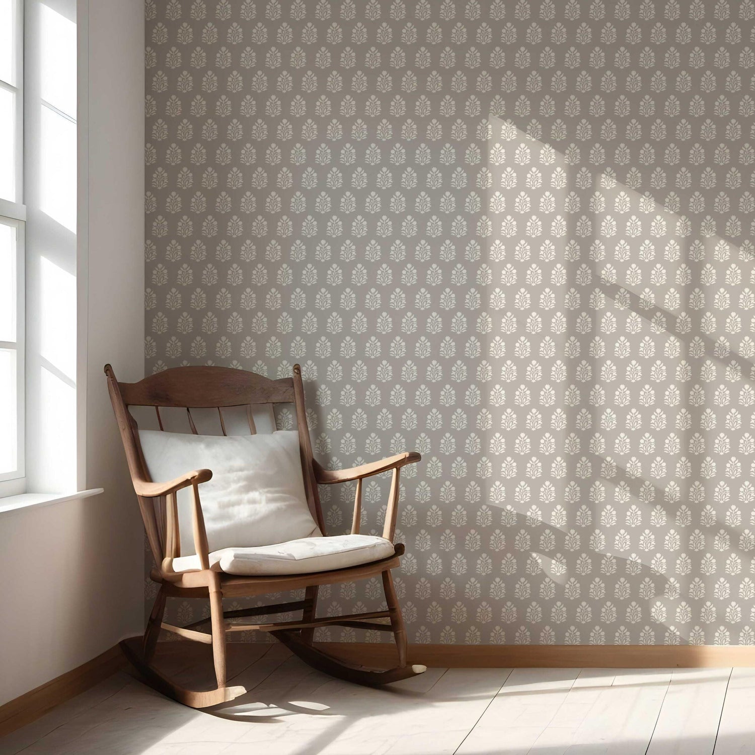 Neutral Botanical/ Floral Block Print Nursery Wallpaper (Gray/ Greige/ Cream)