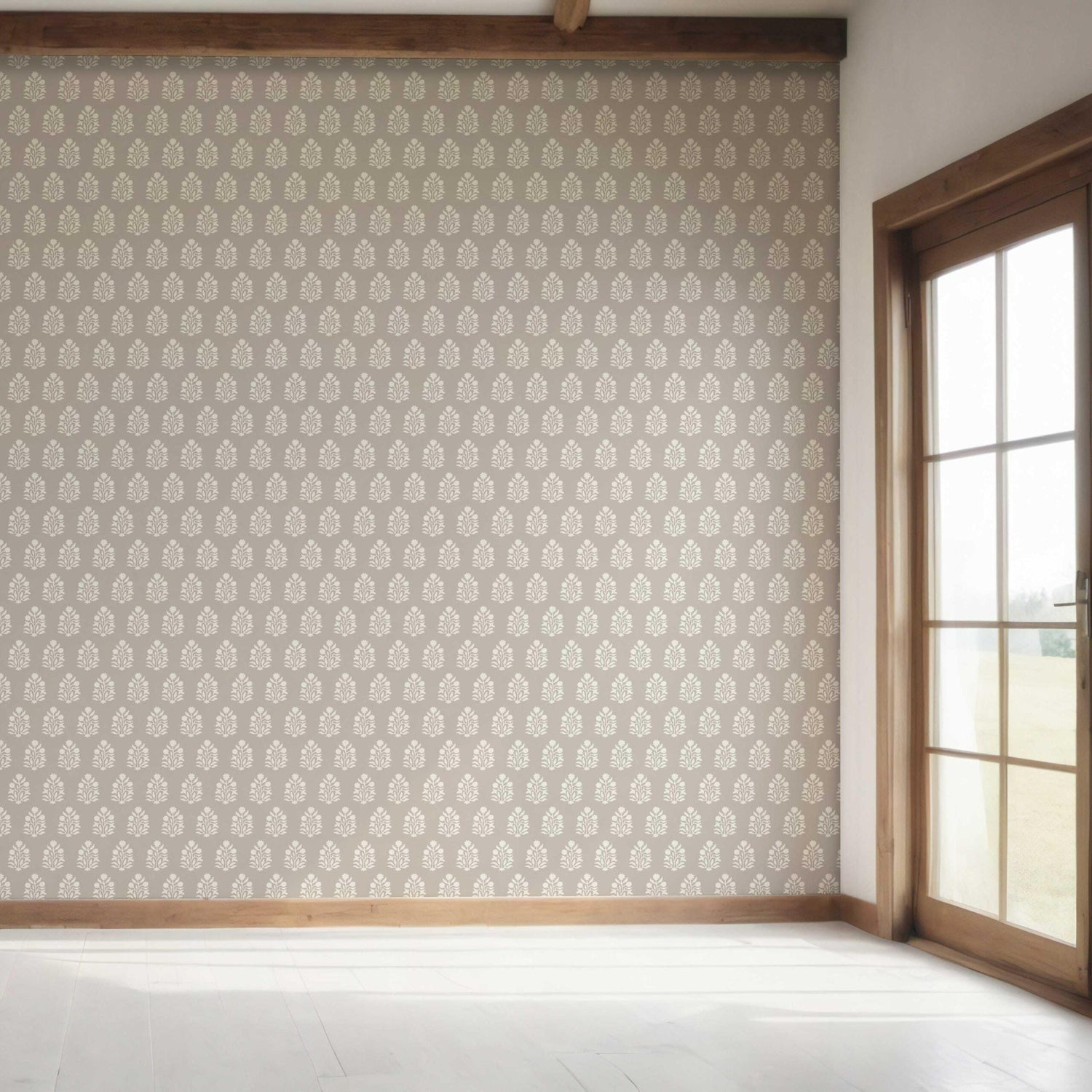 Neutral Botanical/ Floral Block Print Bedroom Wallpaper (Gray/ Greige/ Cream)