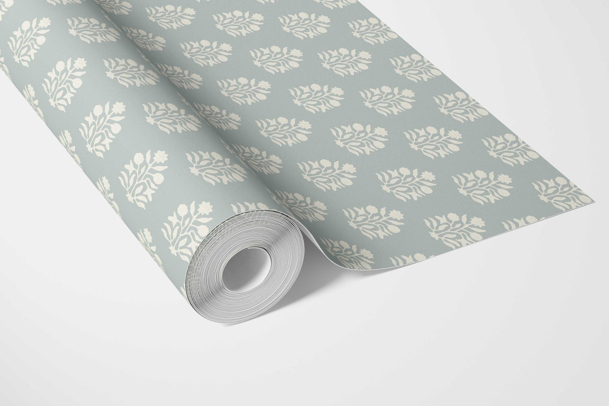 Vintage-Inspired Botanical Floral Block Print Bathroom Wallpaper (Blue/ Cream)