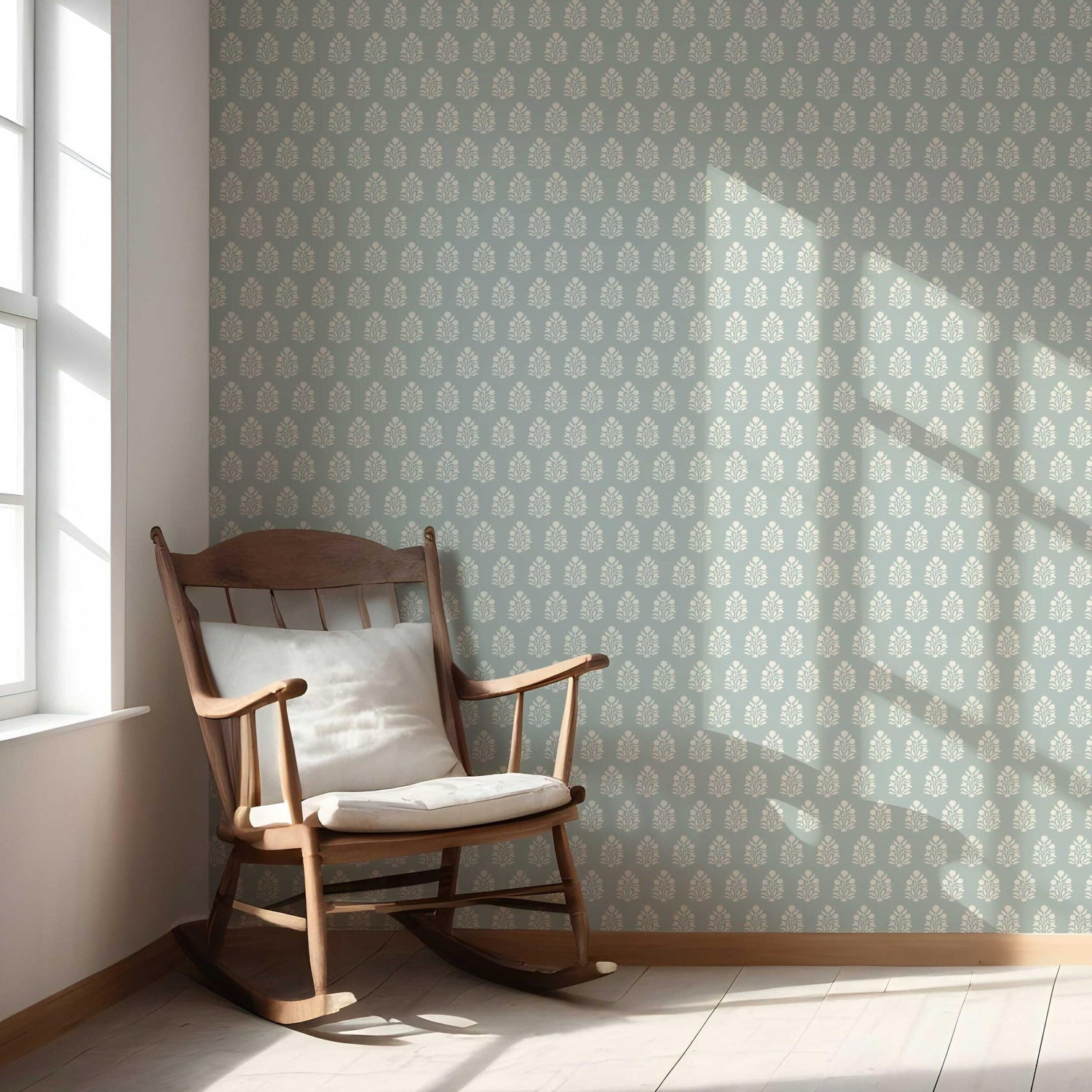 Vintage-Inspired Botanical Floral Block Print Nursery Wallpaper (Blue/ Cream)