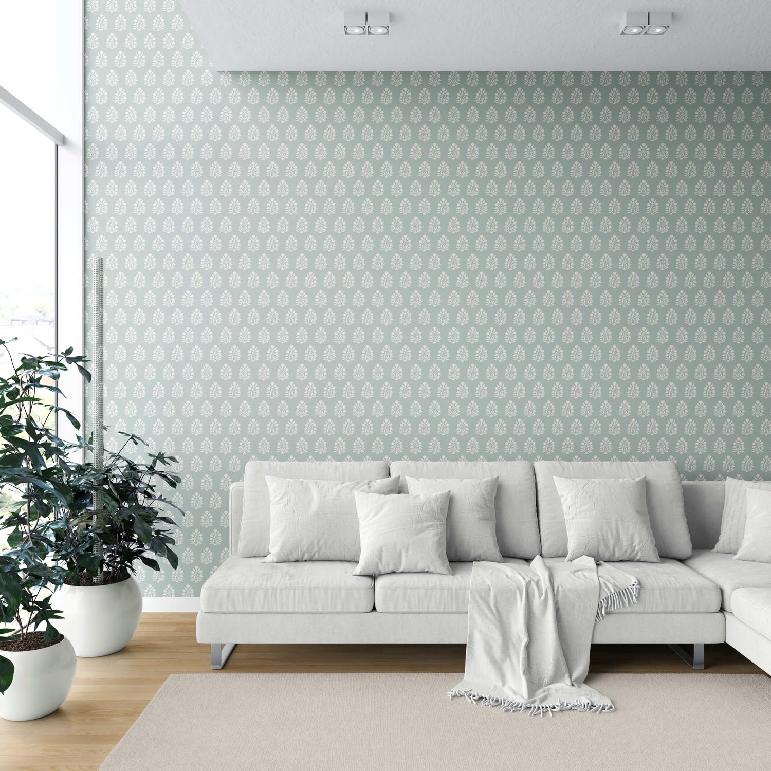Vintage-Inspired Botanical Floral Block Print Shower Toilet Wallpaper (Blue/ Cream)