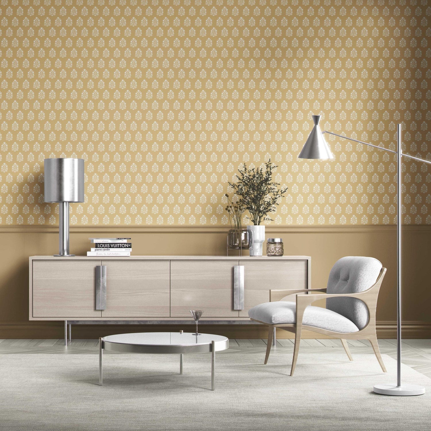 Vintage-Inspired Botanical Floral Block Print Kitchen Wallpaper (Yellow/ Cream)