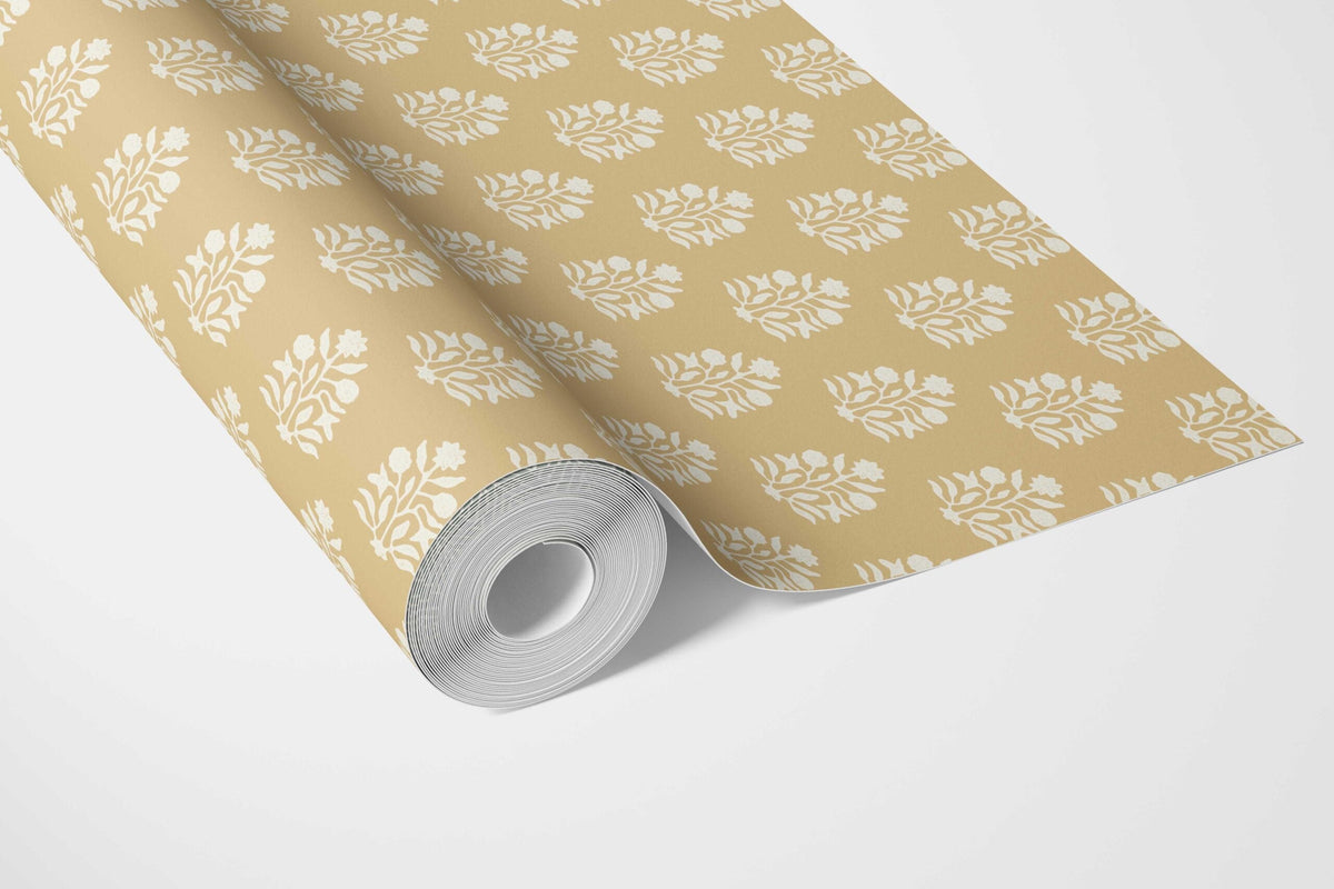 Vintage-Inspired Botanical Floral Block Print Bathroom Wallpaper (Yellow/ Cream)