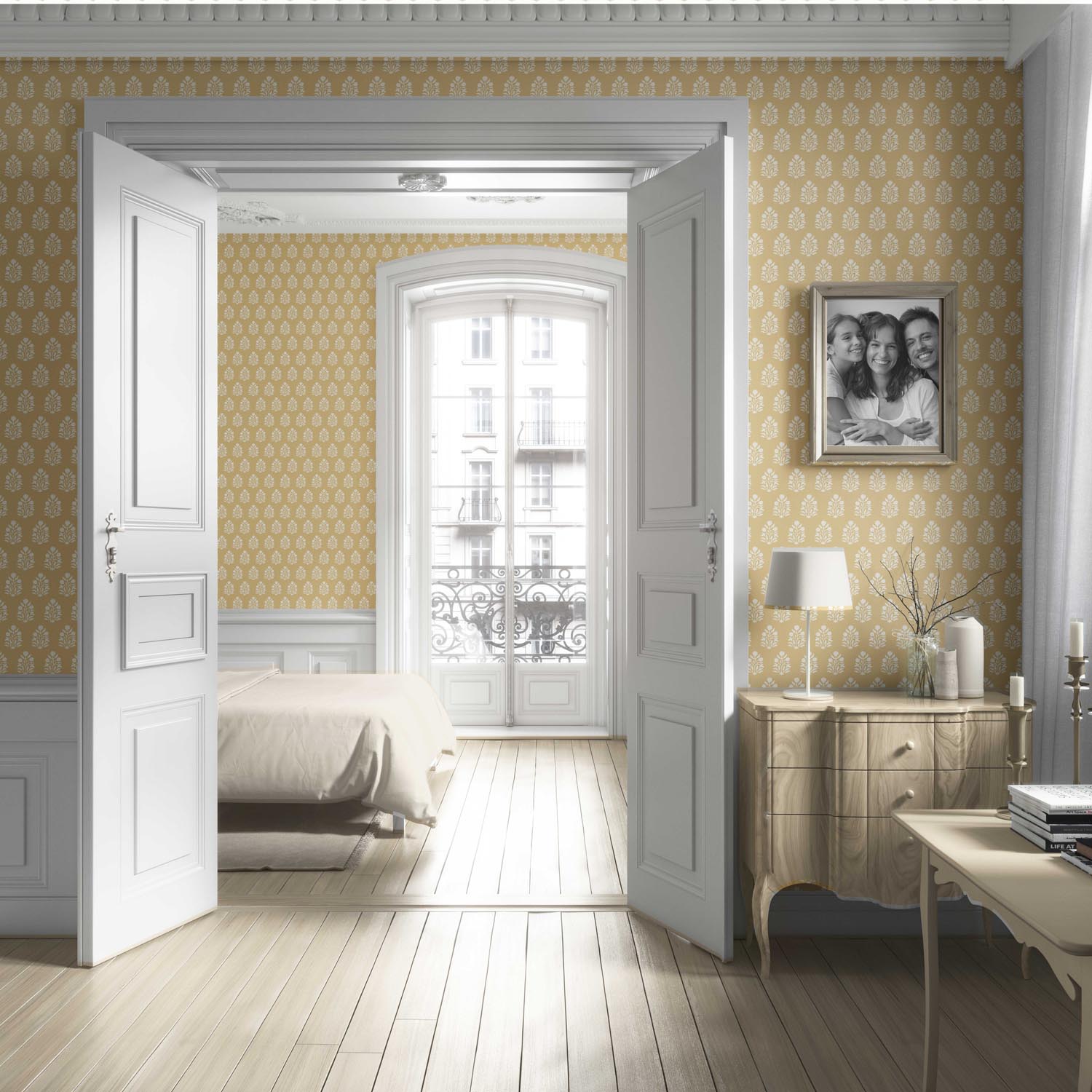 Vintage-Inspired Botanical Floral Block Print Living Room Wallpaper (Yellow/ Cream)