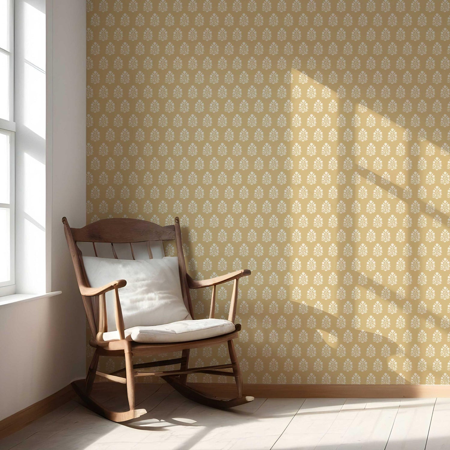 Vintage-Inspired Botanical Floral Block Print Nursery Wallpaper (Yellow/ Cream)