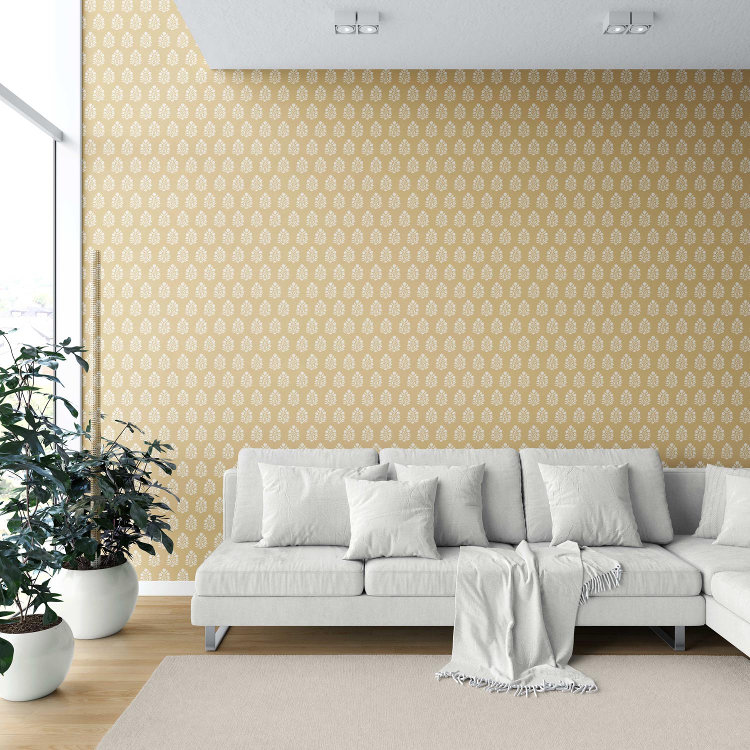 Vintage-Inspired Botanical Floral Block Print Shower Toilet Wallpaper (Yellow/ Cream)