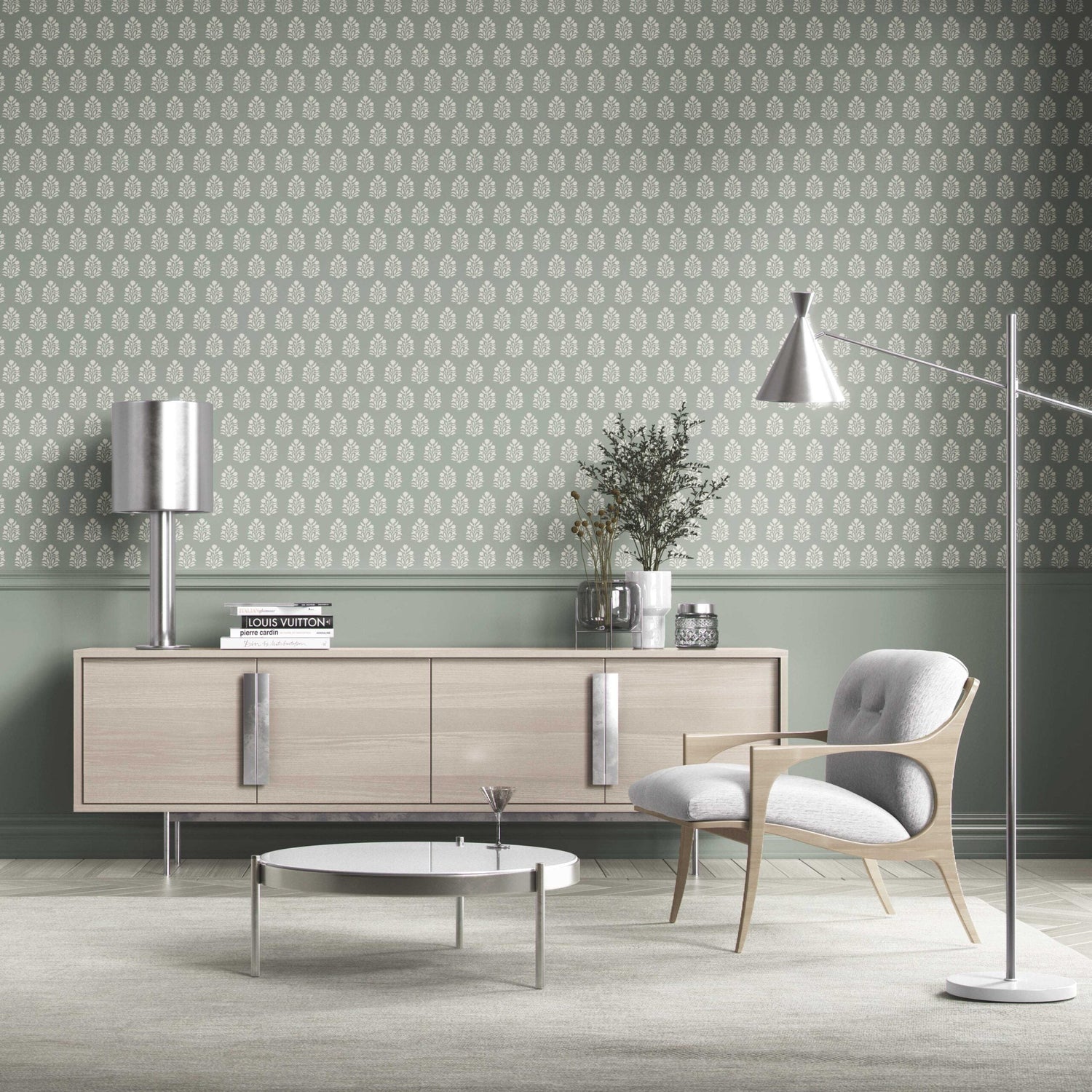 Vintage-Inspired Botanical Floral Block Print Kitchen Wallpaper (Green-Gray/ Cream)