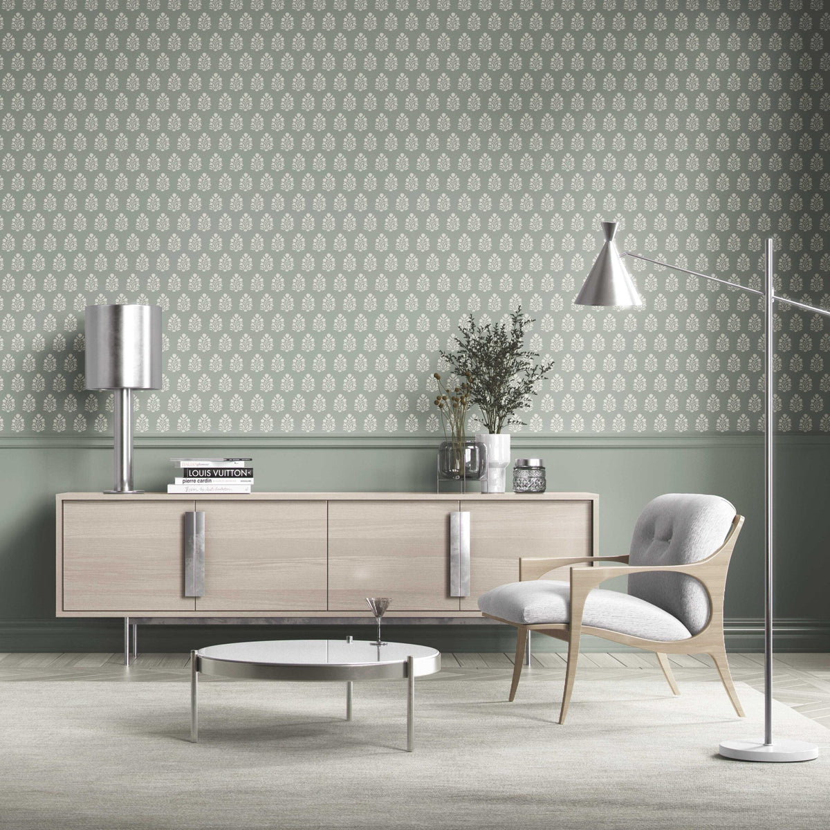 Vintage-Inspired Botanical Floral Block Print Kitchen Wallpaper (Green-Gray/ Cream)