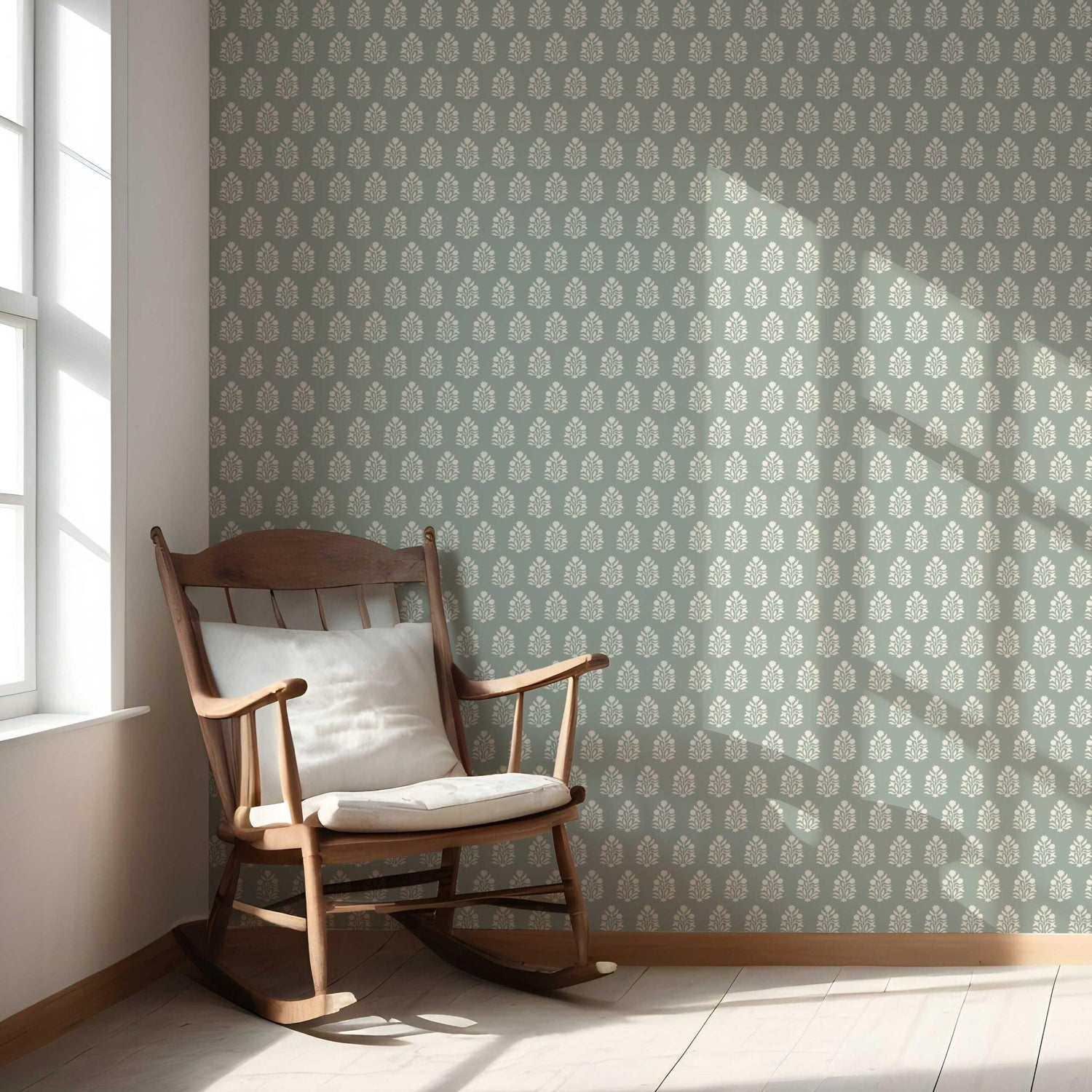 Vintage-Inspired Botanical Floral Block Print Nursery Wallpaper (Green-Gray/ Cream)
