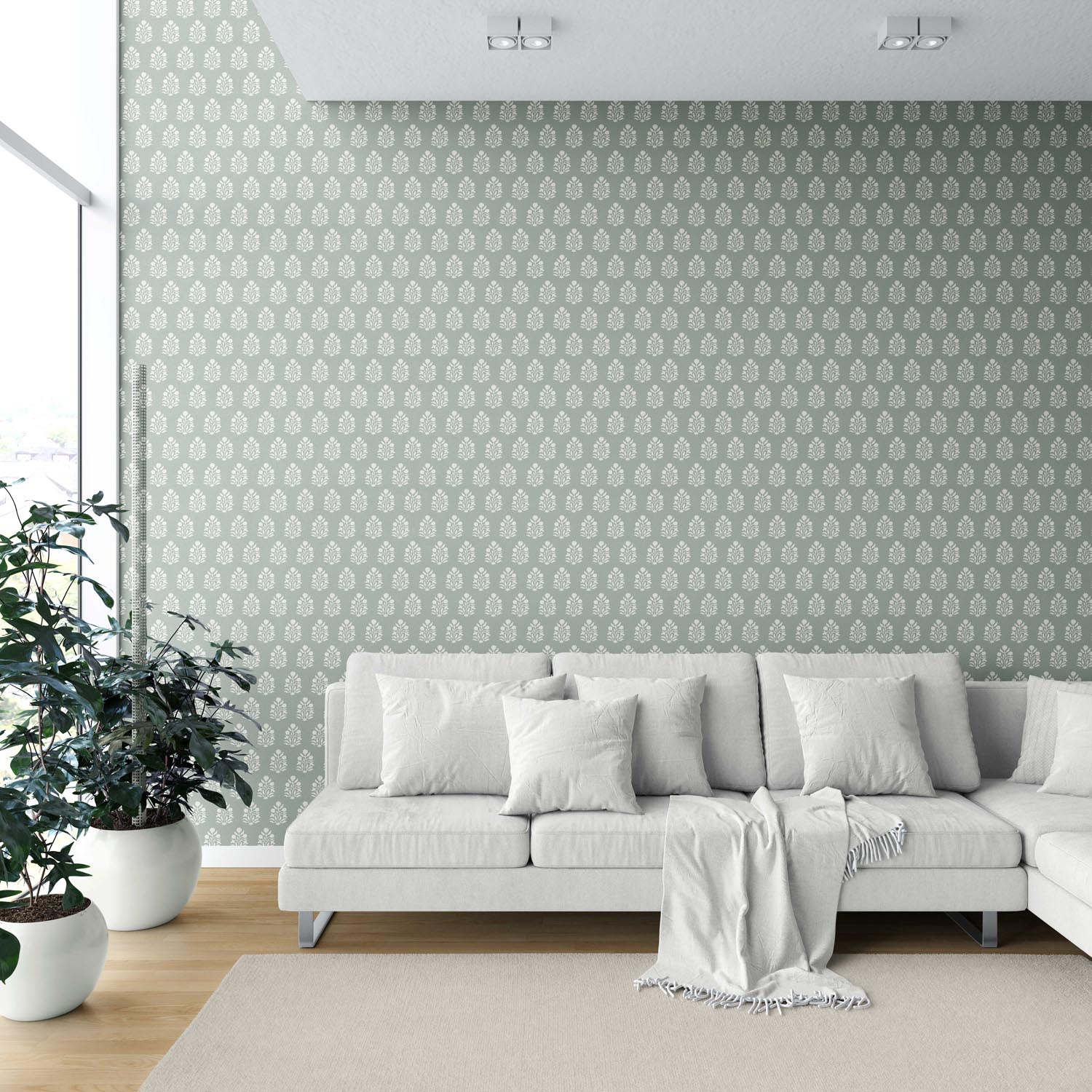 Vintage-Inspired Botanical Floral Block Print Shower Toilet Wallpaper (Green-Gray/ Cream)