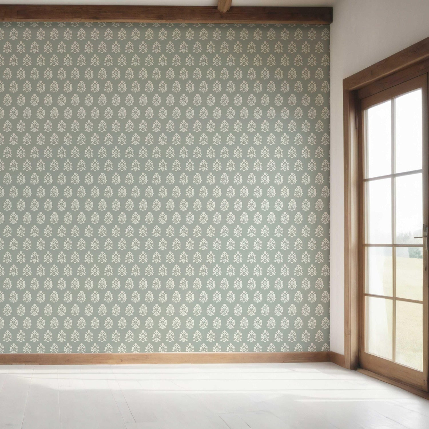 Vintage-Inspired Botanical Floral Block Print Bedroom Wallpaper (Green-Gray/ Cream)