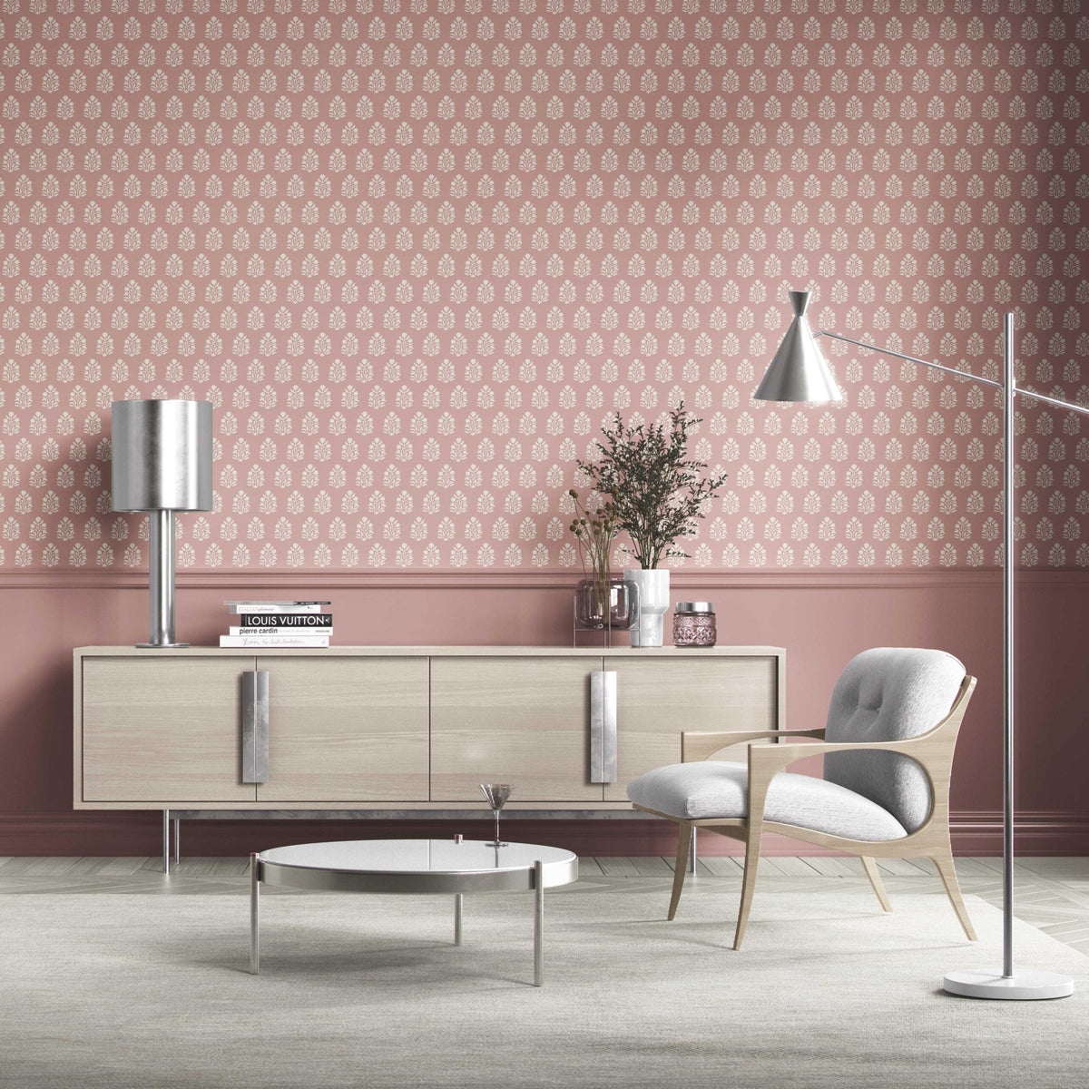 Vintage-Inspired Botanical Floral Block Print Kitchen Wallpaper (Pink/ Cream)