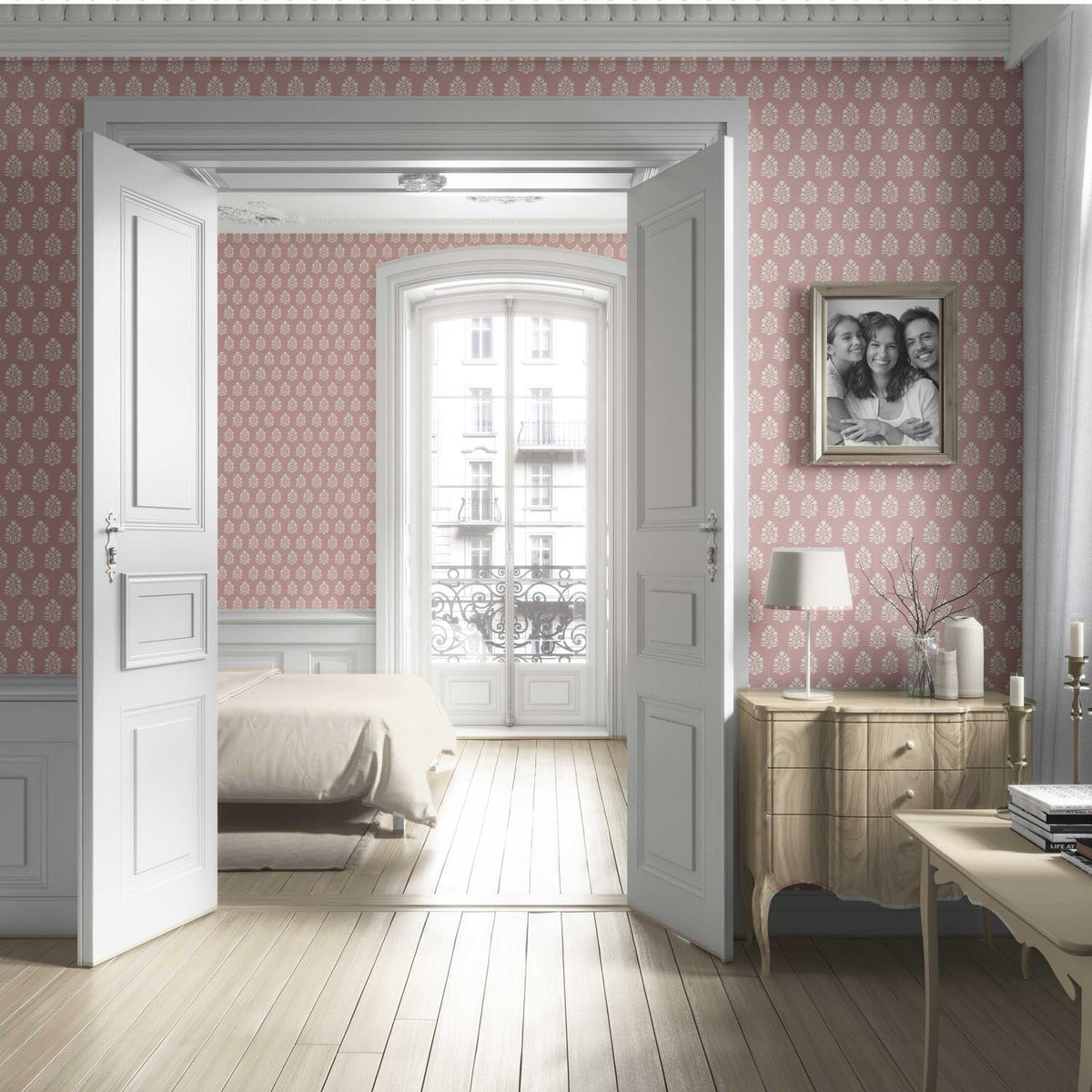 Vintage-Inspired Botanical Floral Block Print Living Room Wallpaper (Pink/ Cream)
