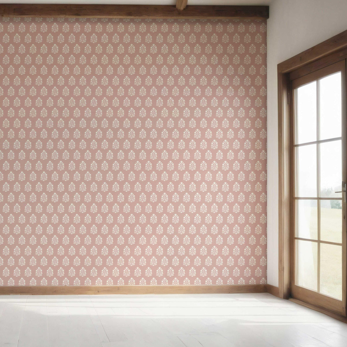 Vintage-Inspired Botanical Floral Block Print Bedroom Wallpaper (Pink/ Cream)
