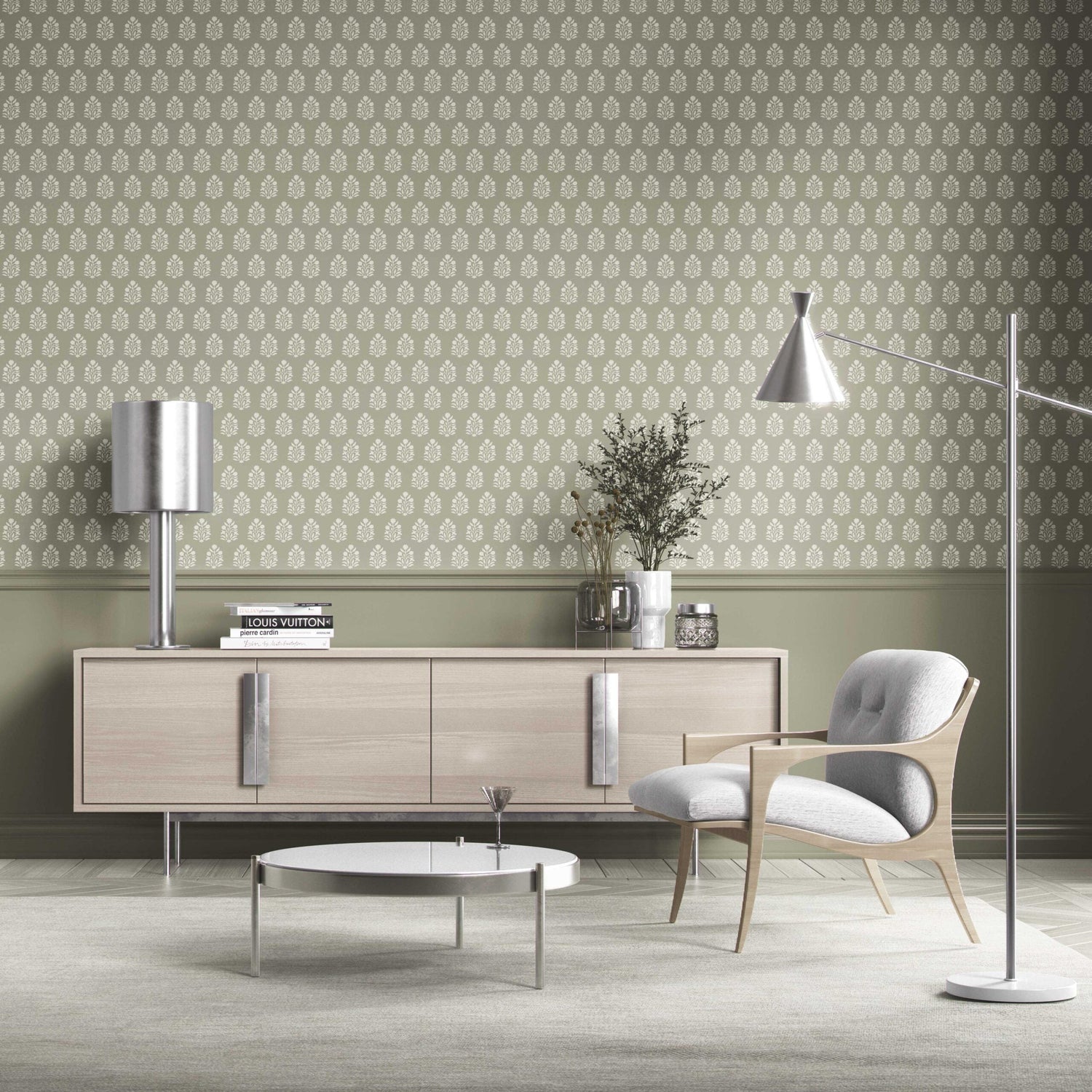 Vintage-Inspired Botanical Floral Block Print Kitchen Wallpaper (Khaki Green/ Cream)