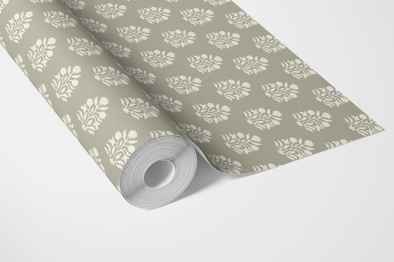 Vintage-Inspired Botanical Floral Block Print Bathroom Wallpaper (Khaki Green/ Cream)