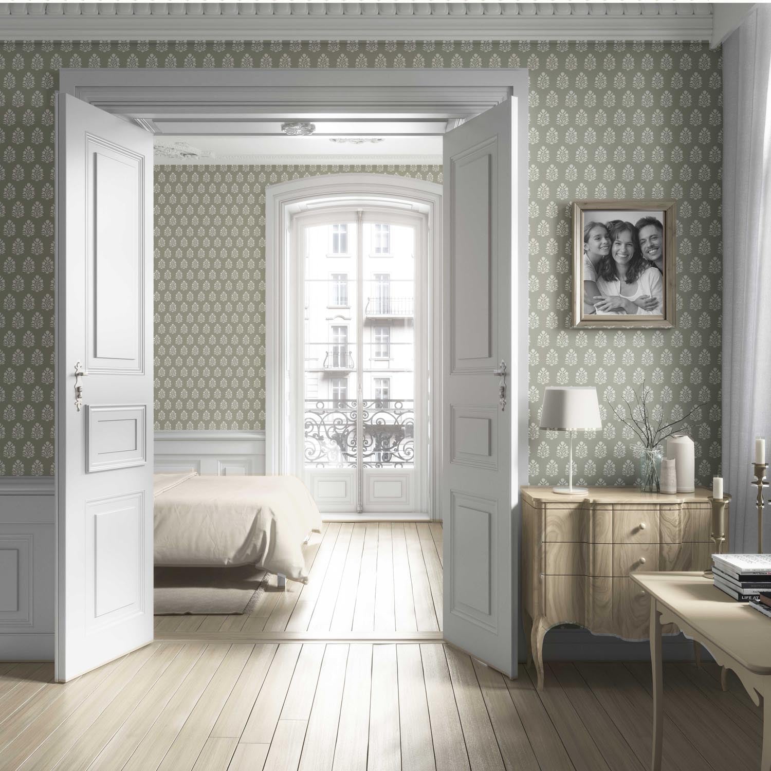 Vintage-Inspired Botanical Floral Block Print Living Room Wallpaper (Khaki Green/ Cream)
