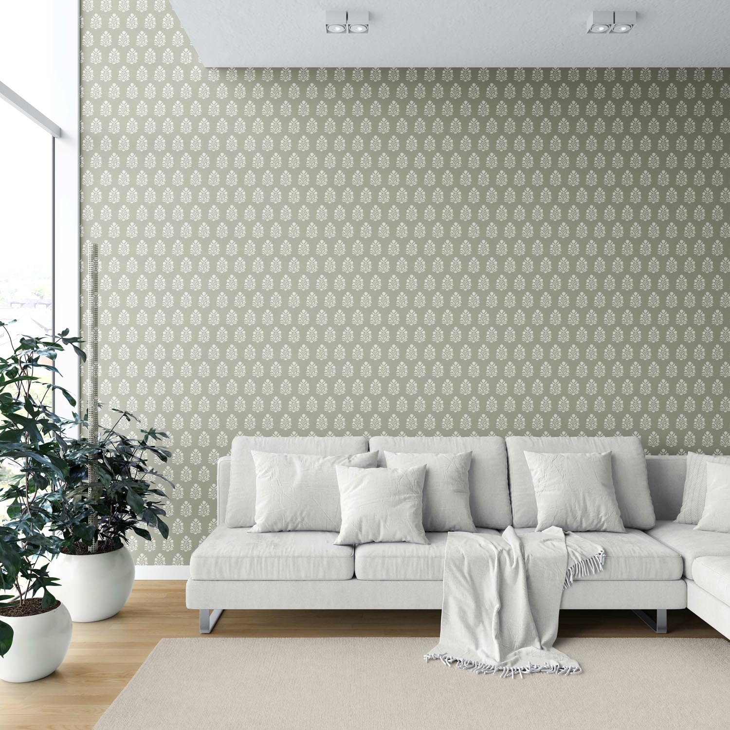 Vintage-Inspired Botanical Floral Block Print Shower Toilet Wallpaper (Khaki Green/ Cream)