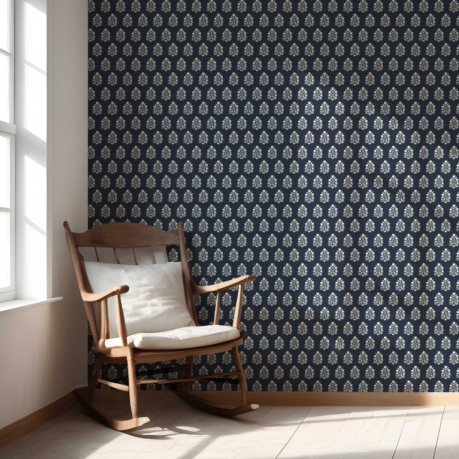 Vintage-Inspired Botanical Floral Block Print Nursery Wallpaper (Navy Blue/ White)