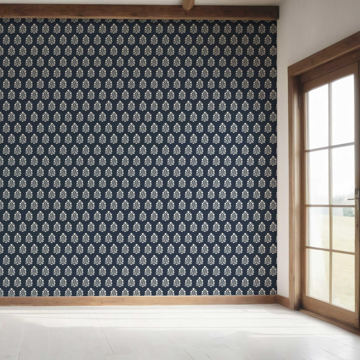 Vintage-Inspired Botanical Floral Block Print Bedroom Wallpaper (Navy Blue/ White)