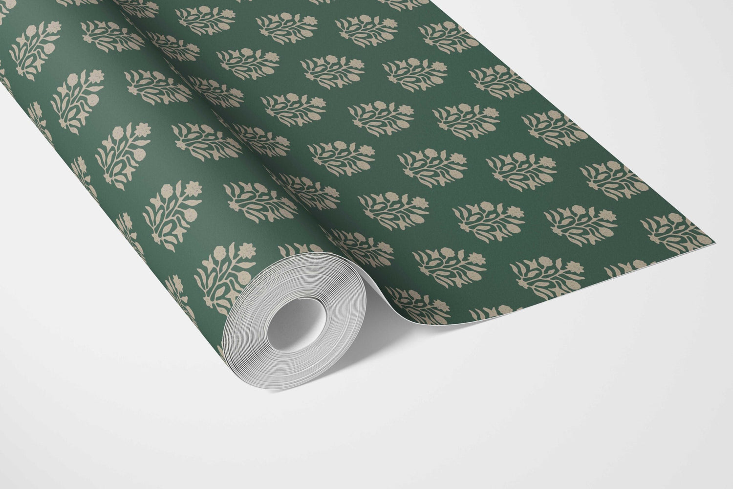 Vintage-Inspired Botanical Floral Block Print Bathroom Wallpaper (Green/ Beige)