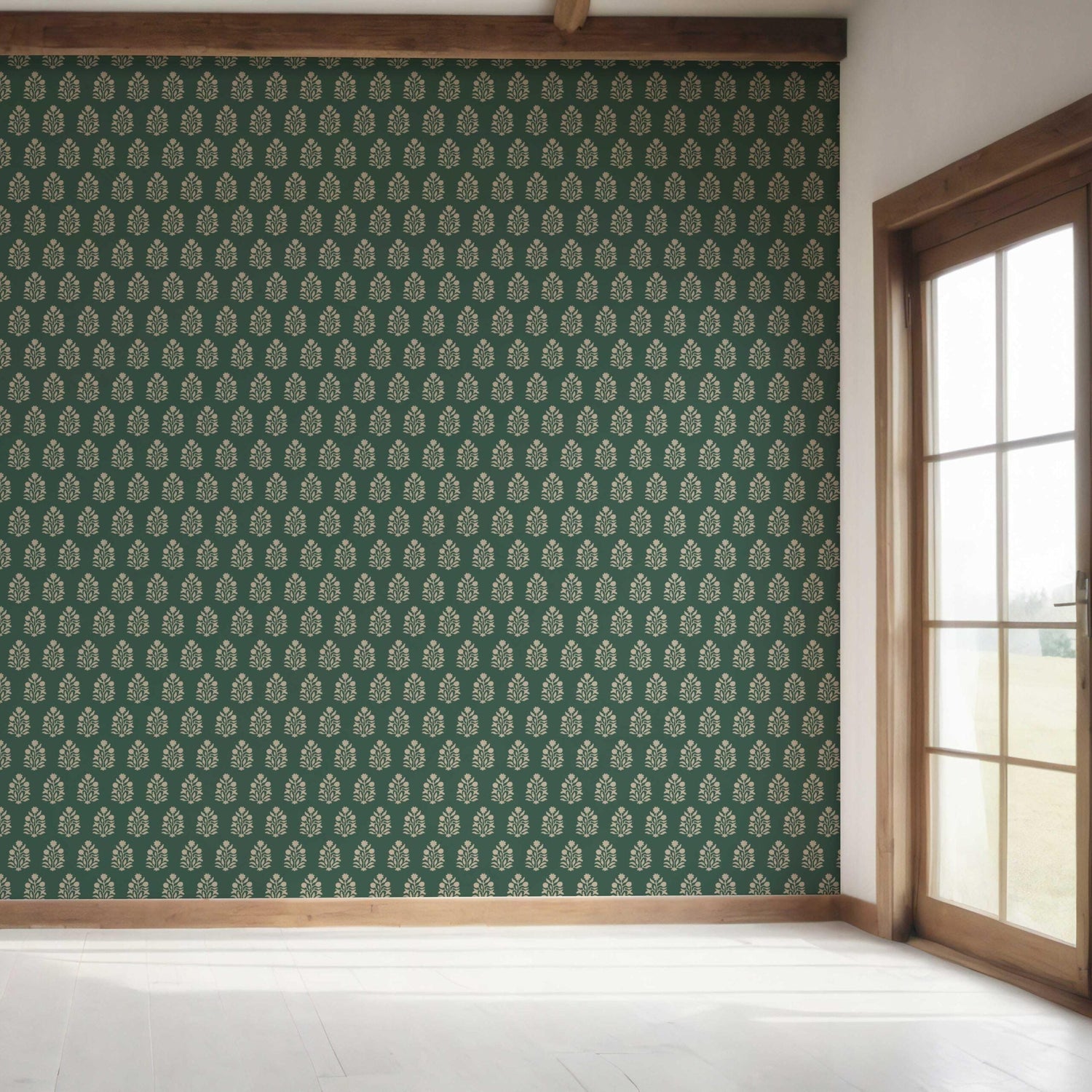 Vintage-Inspired Botanical Floral Block Print Bedroom Wallpaper (Green/ Beige)