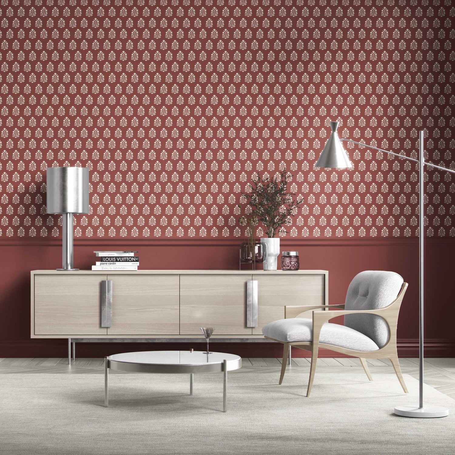 Vintage-Inspired Botanical Floral Block Print Kitchen Wallpaper (Brick Red/ White)
