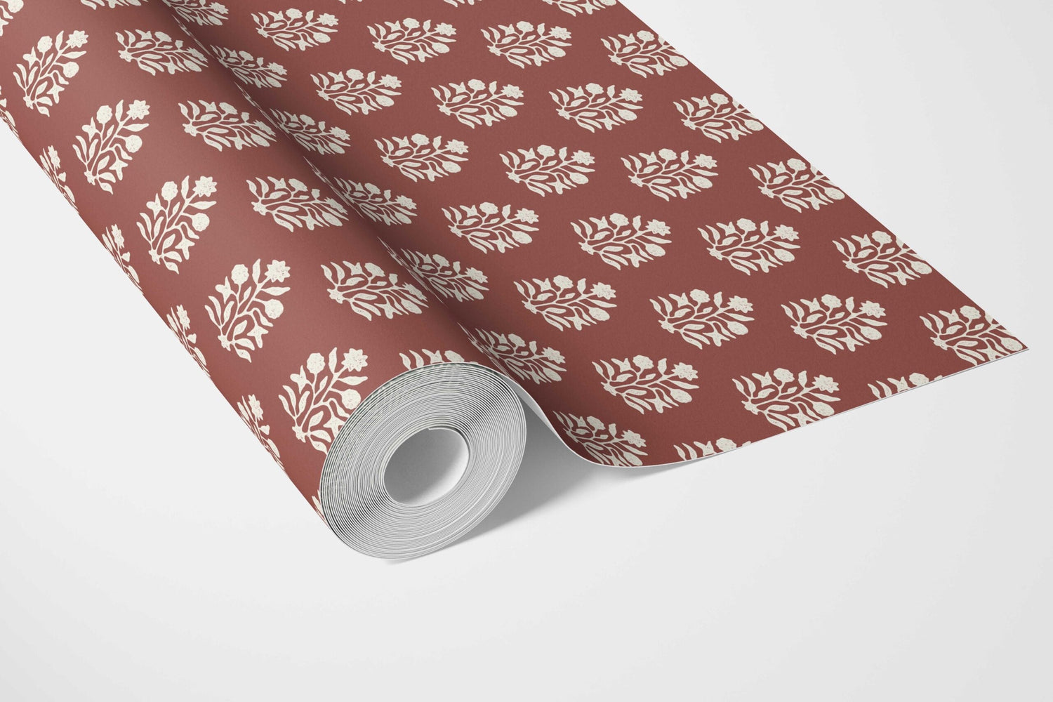 Vintage-Inspired Botanical Floral Block Print Bathroom Wallpaper (Brick Red/ White)
