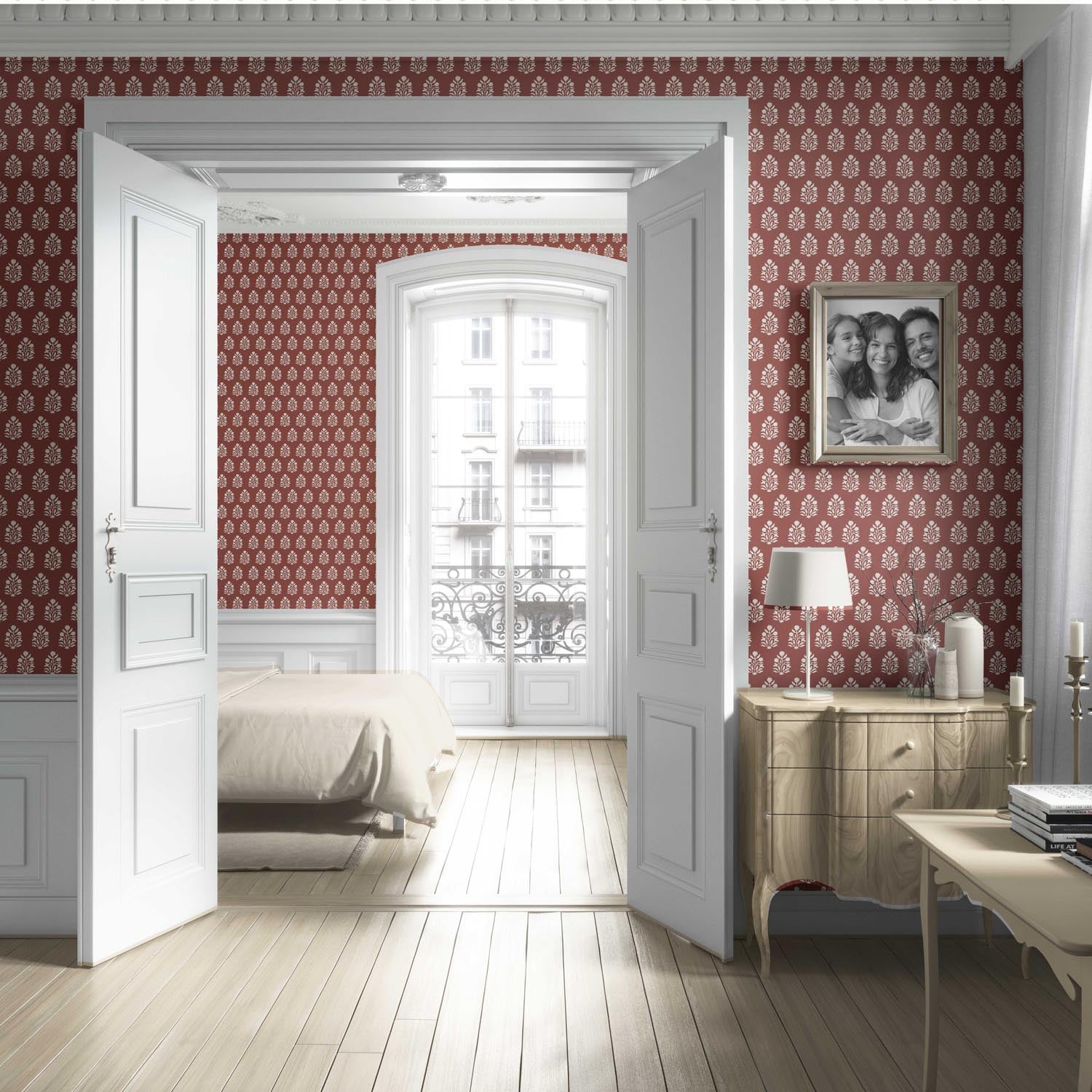 Vintage-Inspired Botanical Floral Block Print Living Room Wallpaper (Brick Red/ White)