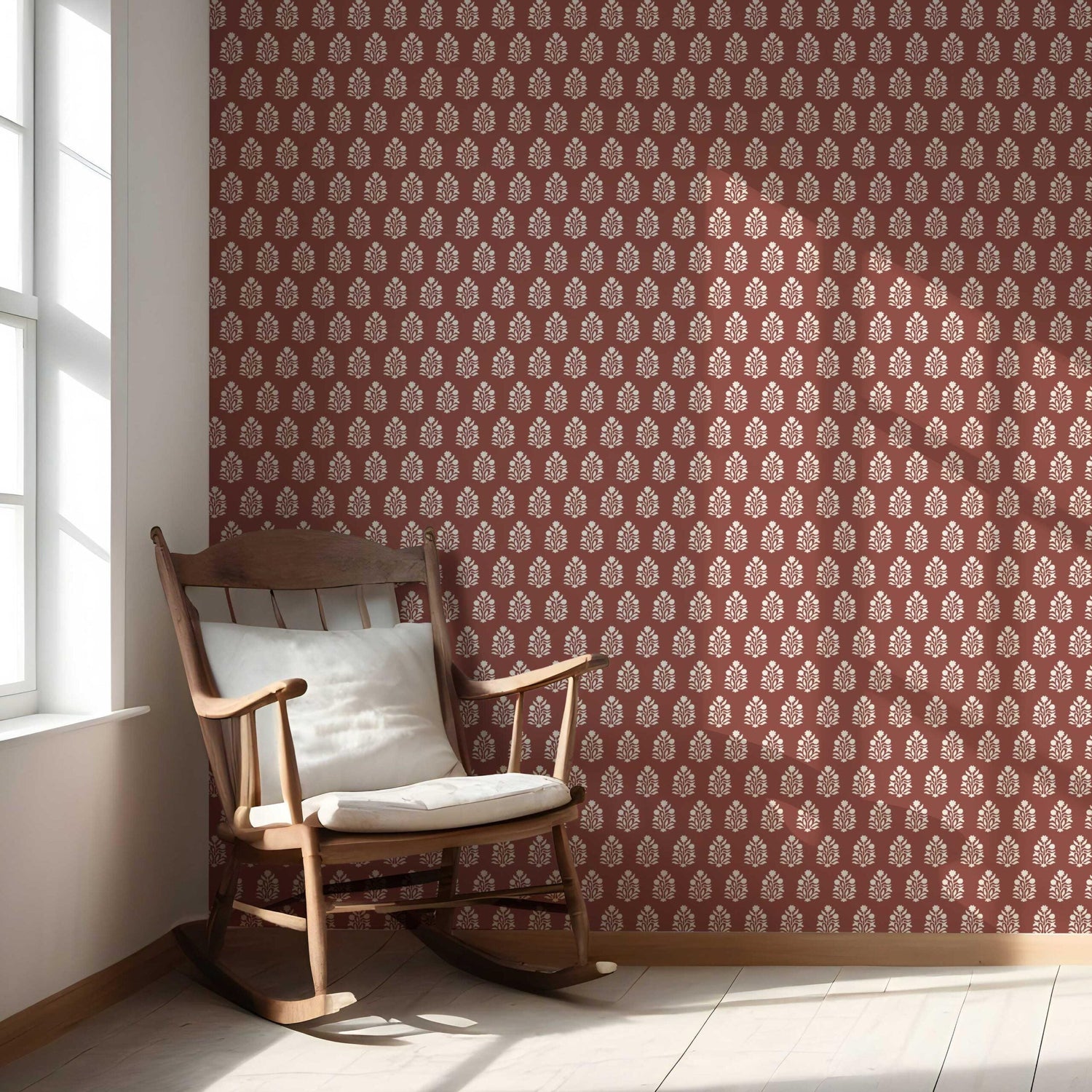 Vintage-Inspired Botanical Floral Block Print Nursery Wallpaper (Brick Red/ White)
