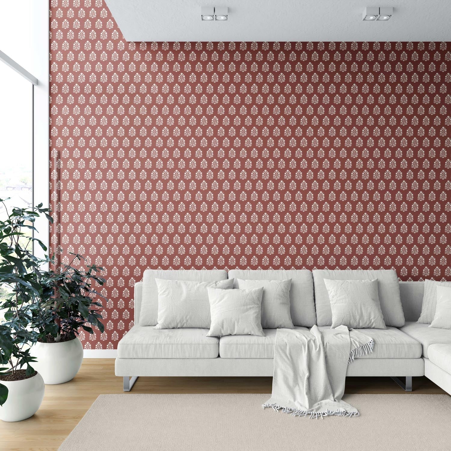 Vintage-Inspired Botanical Floral Block Print Shower Toilet Wallpaper (Brick Red/ White)
