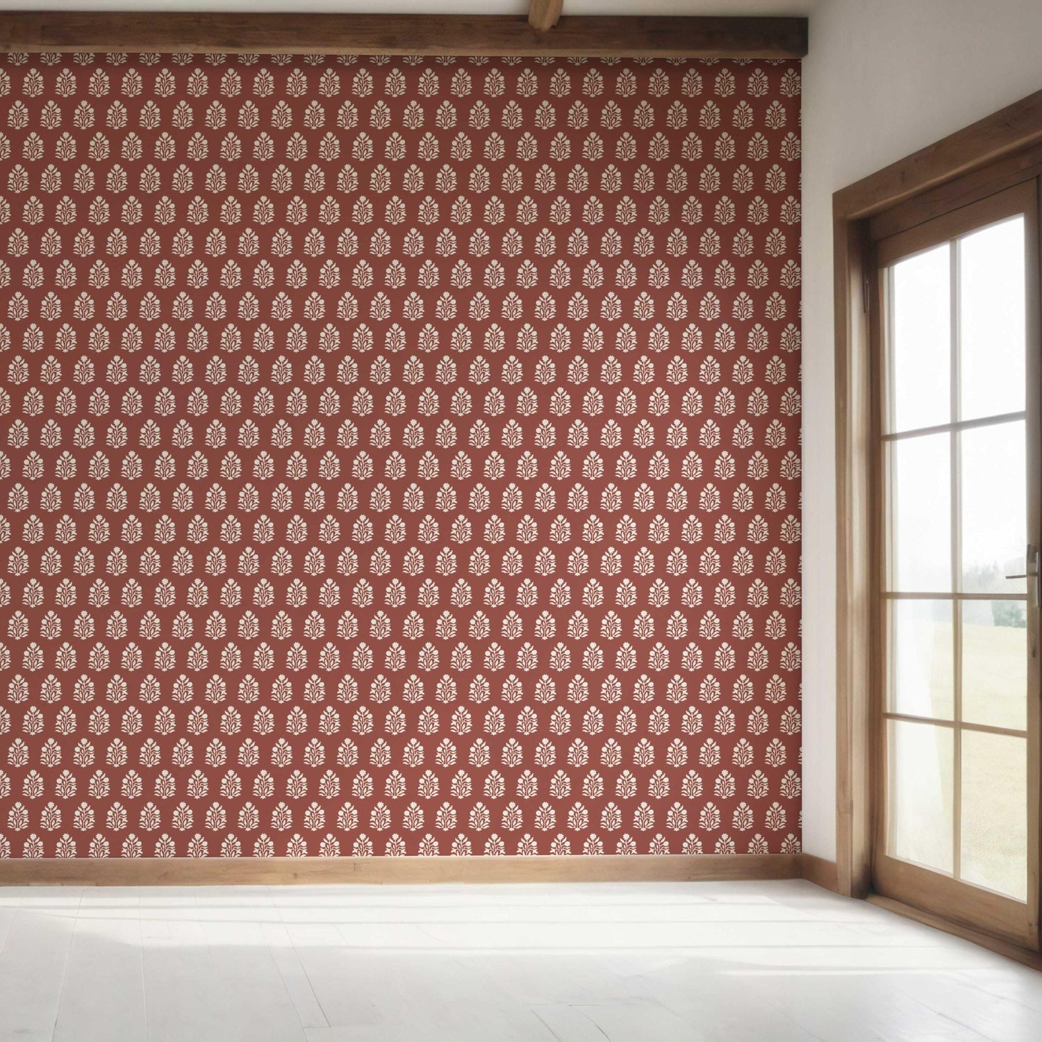 Vintage-Inspired Botanical Floral Block Print Bedroom Wallpaper (Brick Red/ White)