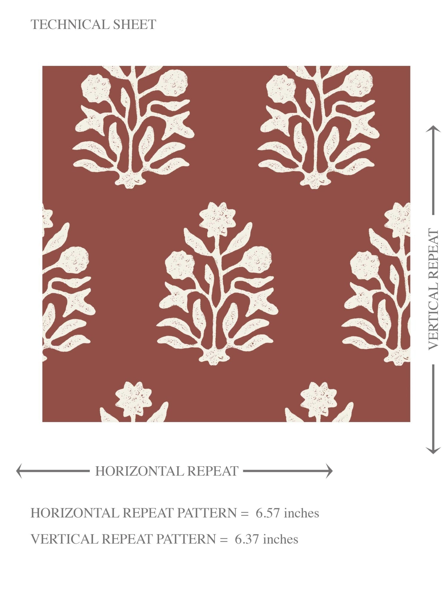 Vintage-Inspired Botanical Floral Block Print Kids Room Wallpaper (Brick Red/ White)
