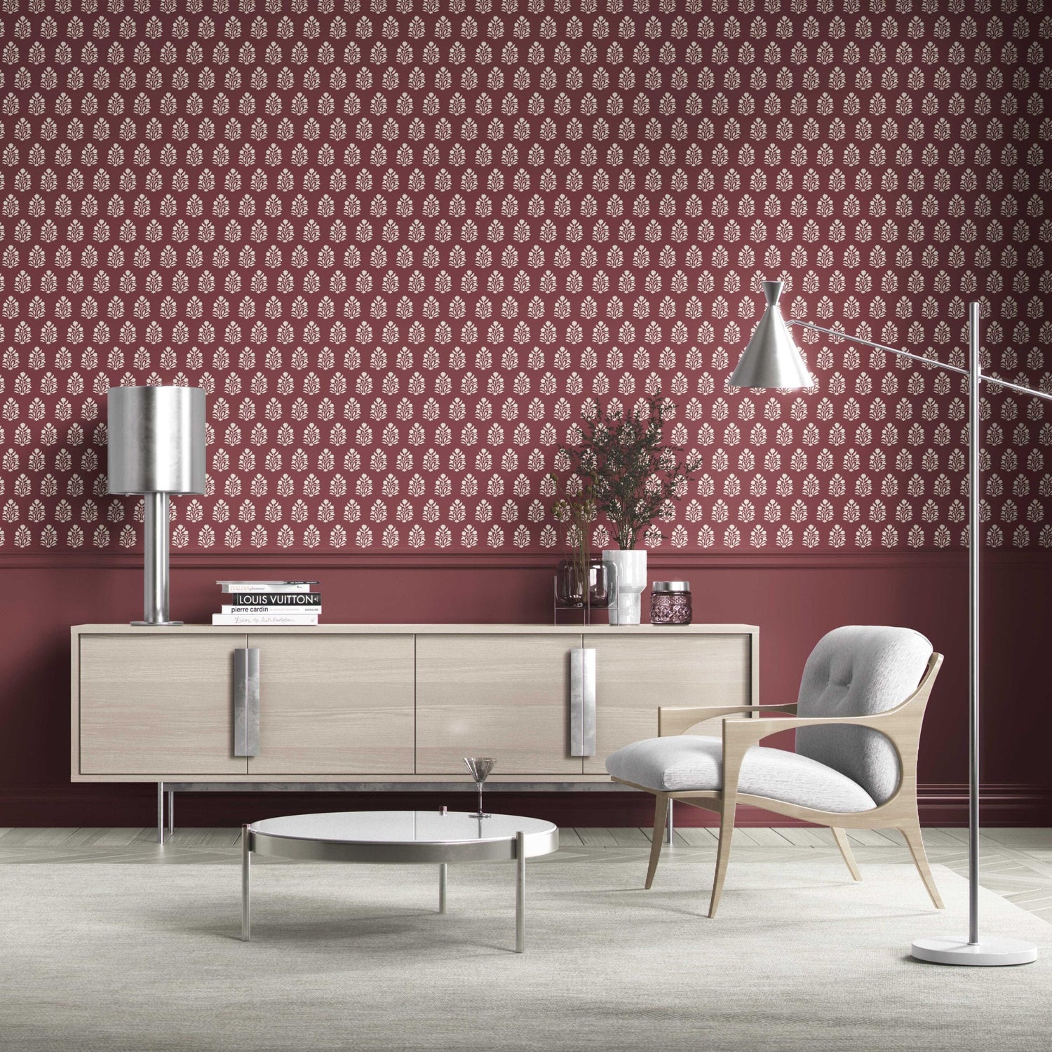 Vintage-Inspired Botanical Floral Block Print Kitchen Wallpaper (Red/ White)