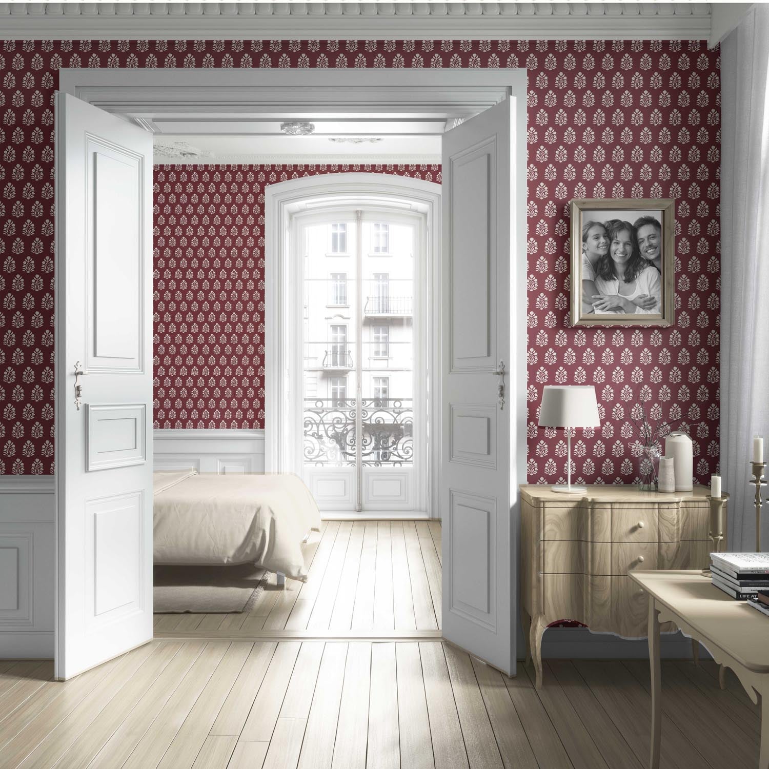 Vintage-Inspired Botanical Floral Block Print Living Room Wallpaper (Red/ White)