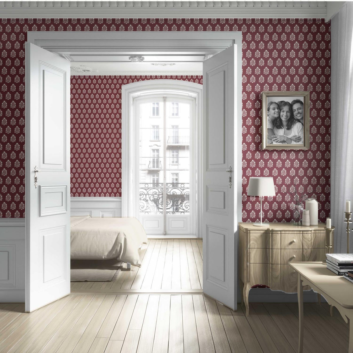 Vintage-Inspired Botanical Floral Block Print Living Room Wallpaper (Red/ White)