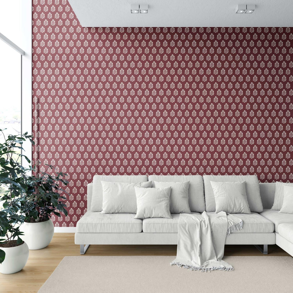 Vintage-Inspired Botanical Floral Block Print Shower Toilet Wallpaper (Red/ White)