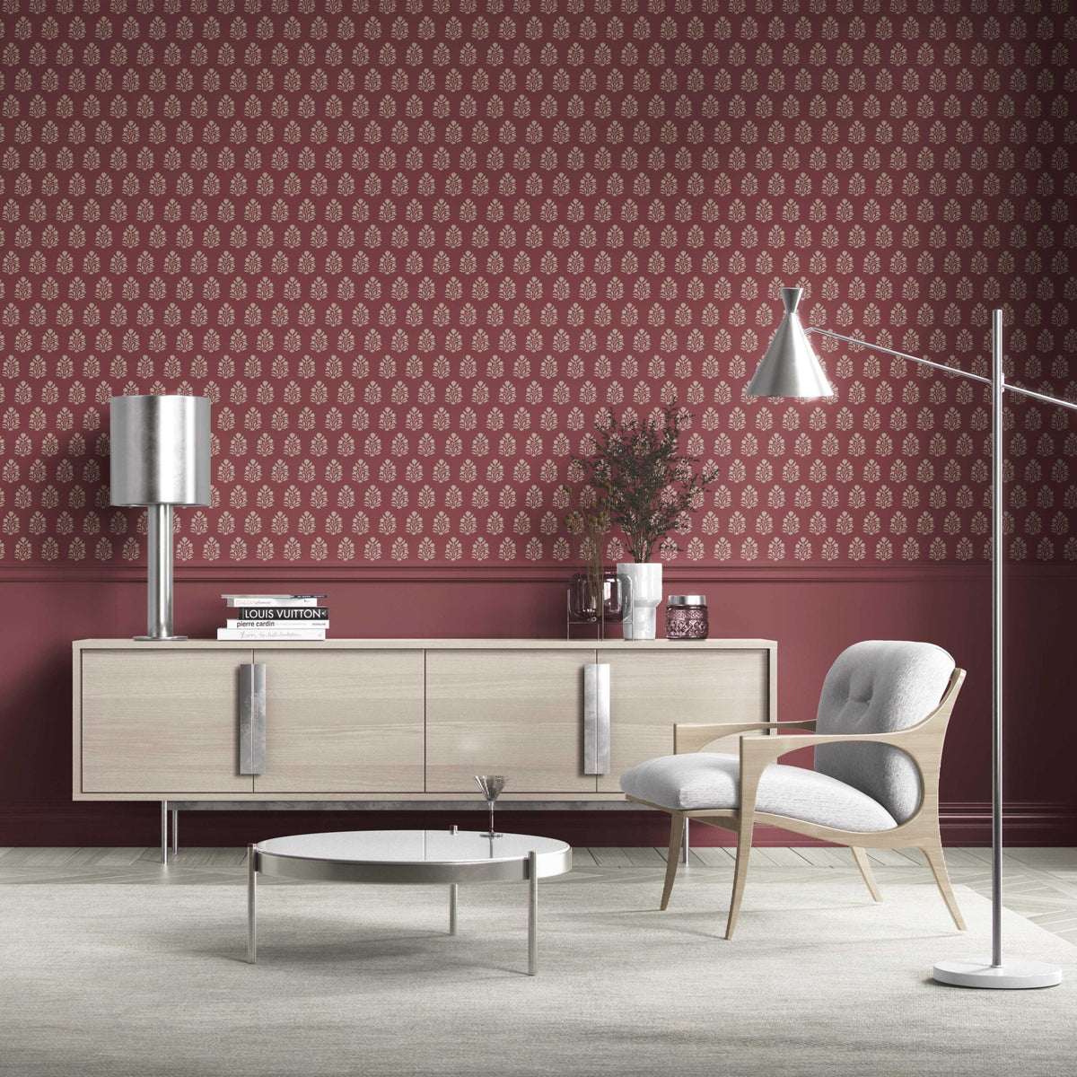 Vintage-Inspired Botanical Floral Block Print Bathroom Wallpaper (Red/ Beige)