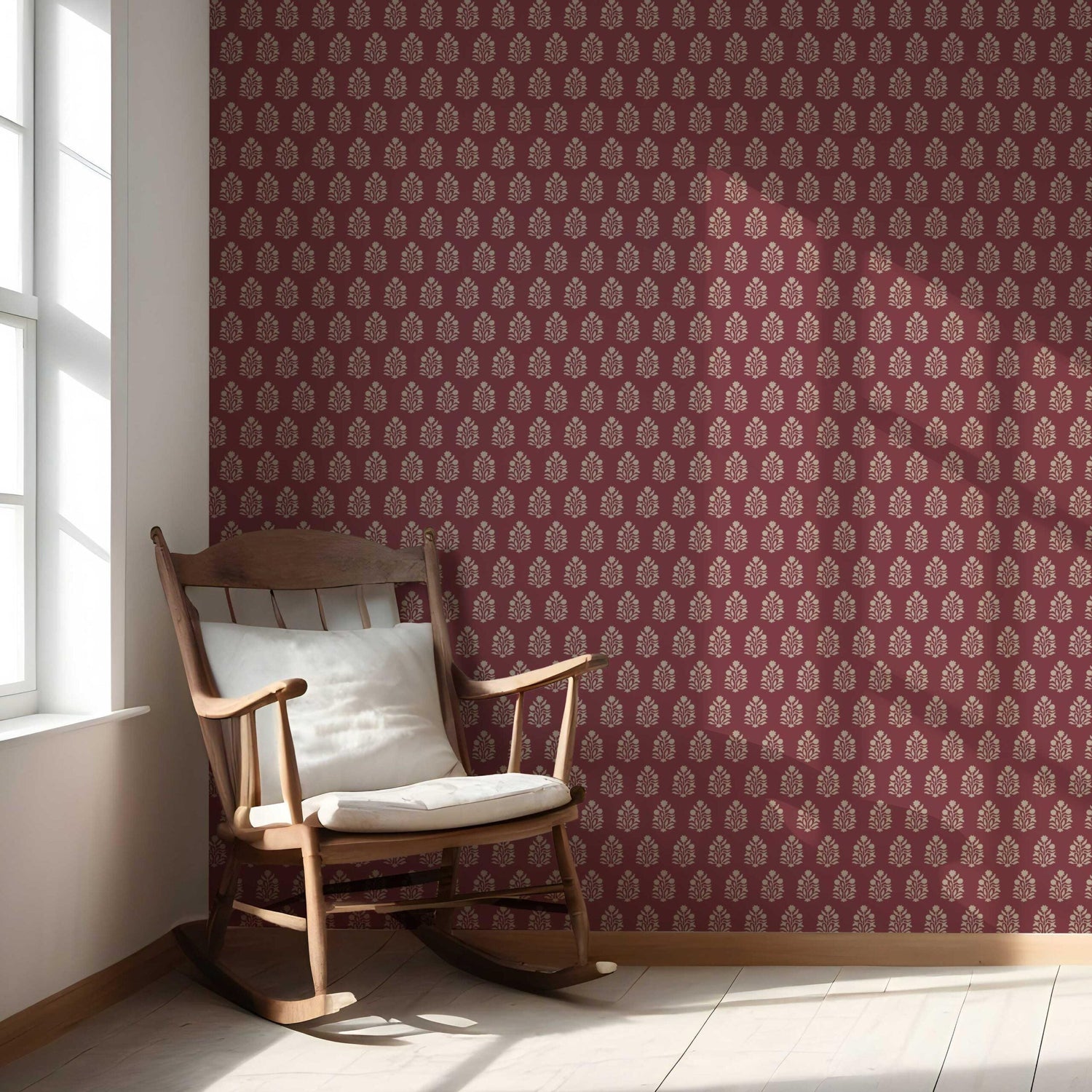 Vintage-Inspired Botanical Floral Block Print Nursery Wallpaper (Red/ Beige)