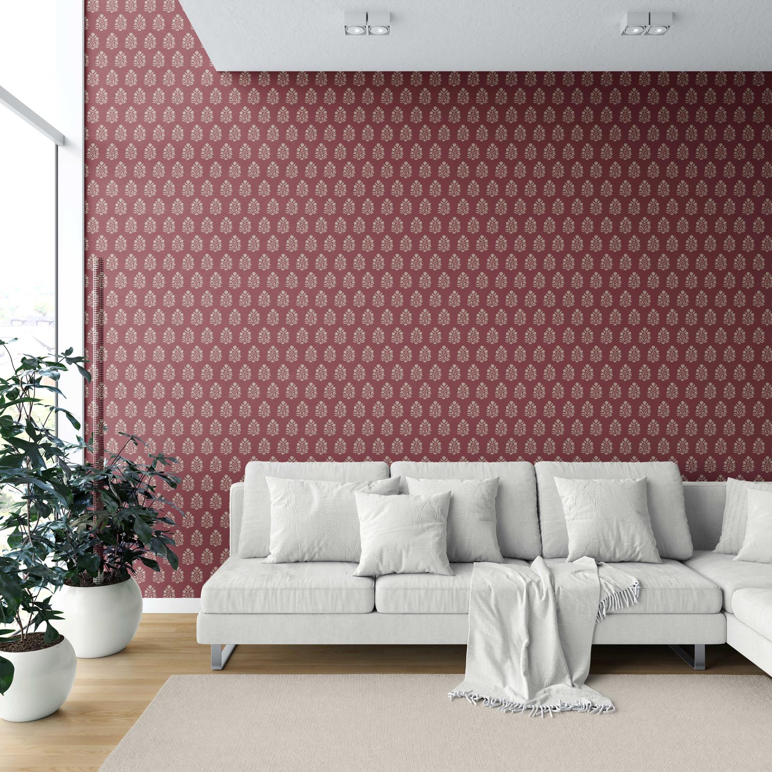 Vintage-Inspired Botanical Floral Block Print Shower Toilet Wallpaper (Red/ Beige)