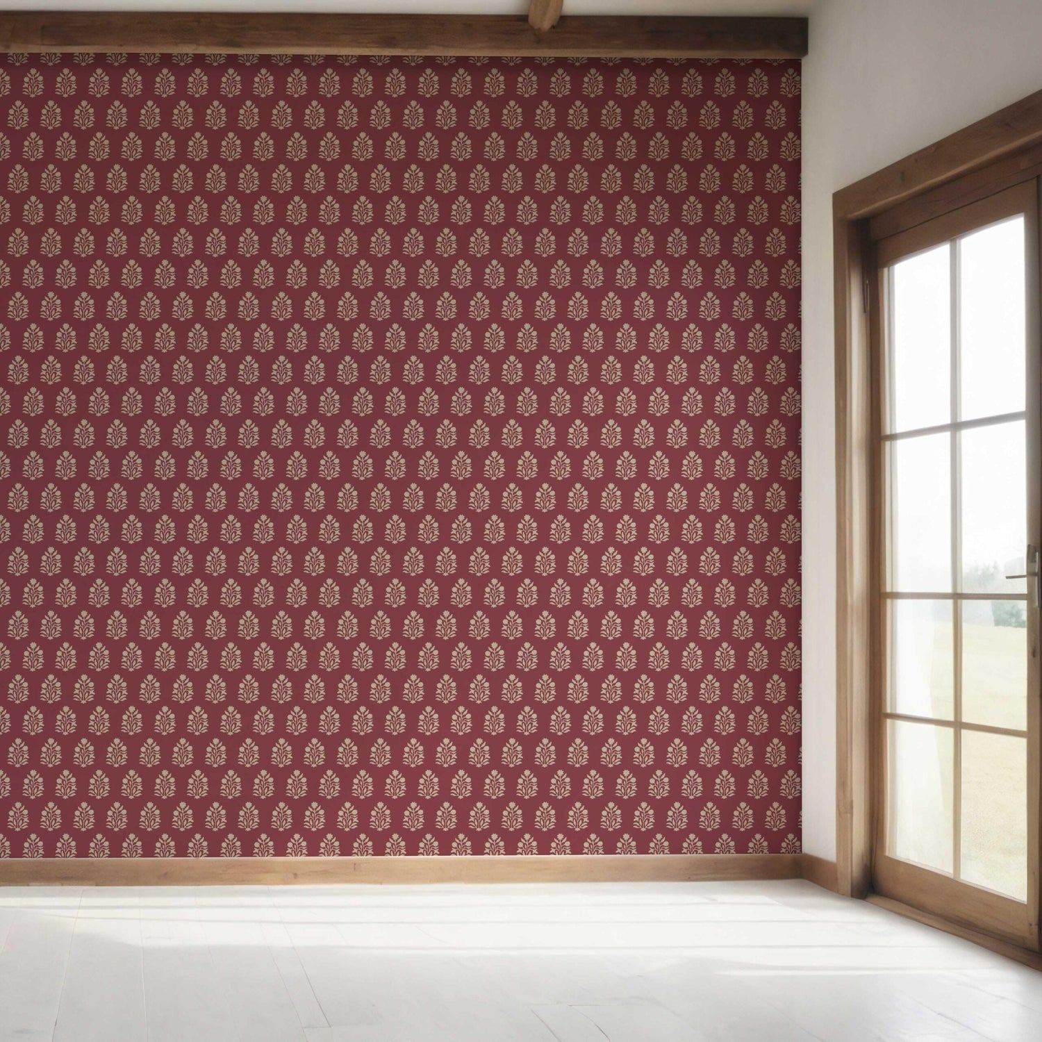 Vintage-Inspired Botanical Floral Block Print Bedroom Wallpaper (Red/ Beige)