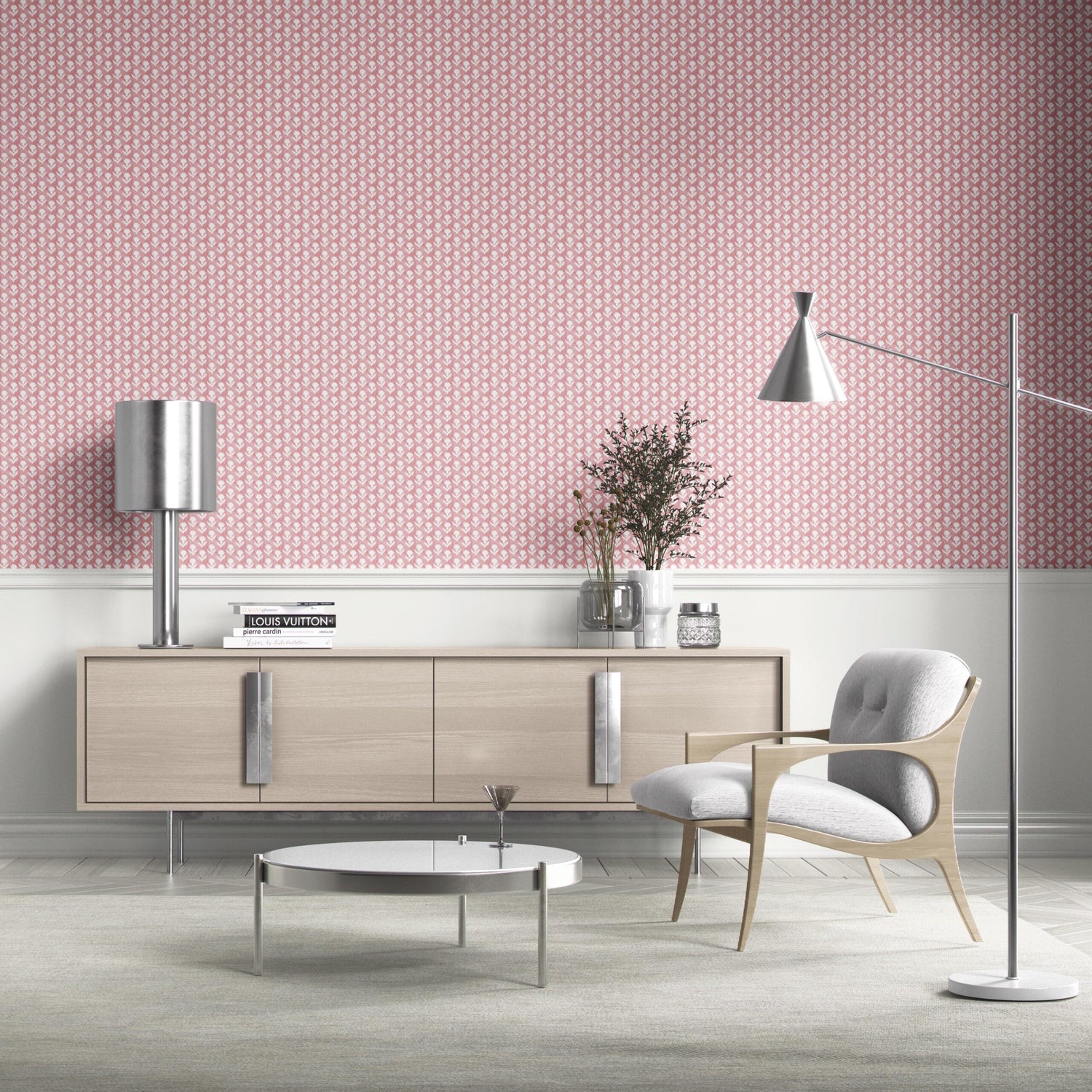 Small Floral Block Print Bathroom Wallpaper (Pink/ White)