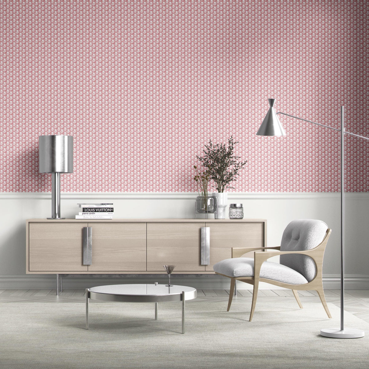 Small Floral Block Print Bathroom Wallpaper (Pink/ White)